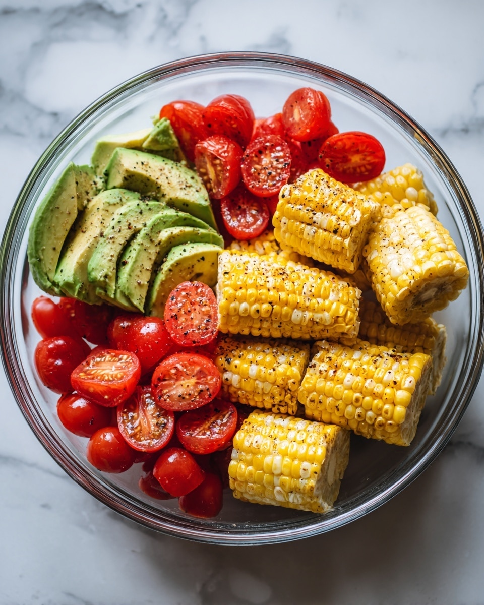 In a clear bowl on a white marbled surface, there are three layers of fresh produce. On the left side, there are slices of green avocado with a smooth texture and sprinkled with black pepper. On the top left, bright red cherry tomatoes, halved to show juicy interiors and seasoned with black pepper. On the right side, several pieces of yellow corn on the cob are cut into thick chunks, showing some charred grill marks and also sprinkled with black pepper. The colors are vibrant and the ingredients look fresh. photo taken with an iphone --ar 4:5 --v 7