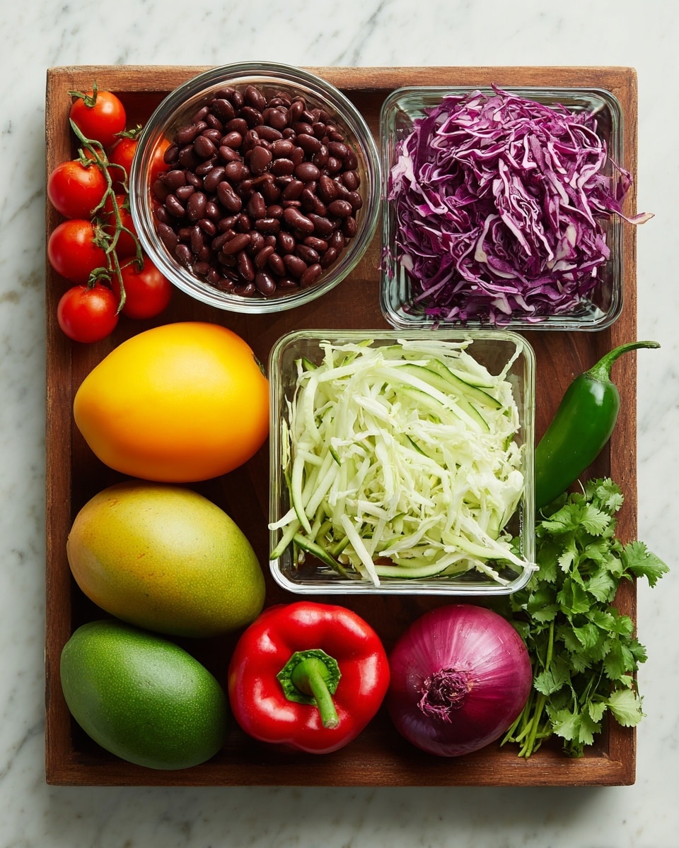 A wooden tray holds several fresh ingredients arranged neatly on a white marbled surface. On the tray, from left to right, there is a glass bowl filled with dark brown beans, a bunch of red grape tomatoes, a long green cucumber running horizontally, and next to it a clear square glass bowl filled with thin shreds of purple cabbage mixed with white cabbage. Below these are two large mangoes, one green and one yellow-orange, a bright red bell pepper, a small green jalapeño, a round slice of purple-red onion, and a bunch of fresh green cilantro with stem ends showing toward the bottom right. The colors and textures are fresh and vibrant, all arranged simply and clearly. photo taken with an iphone --ar 4:5 --v 7