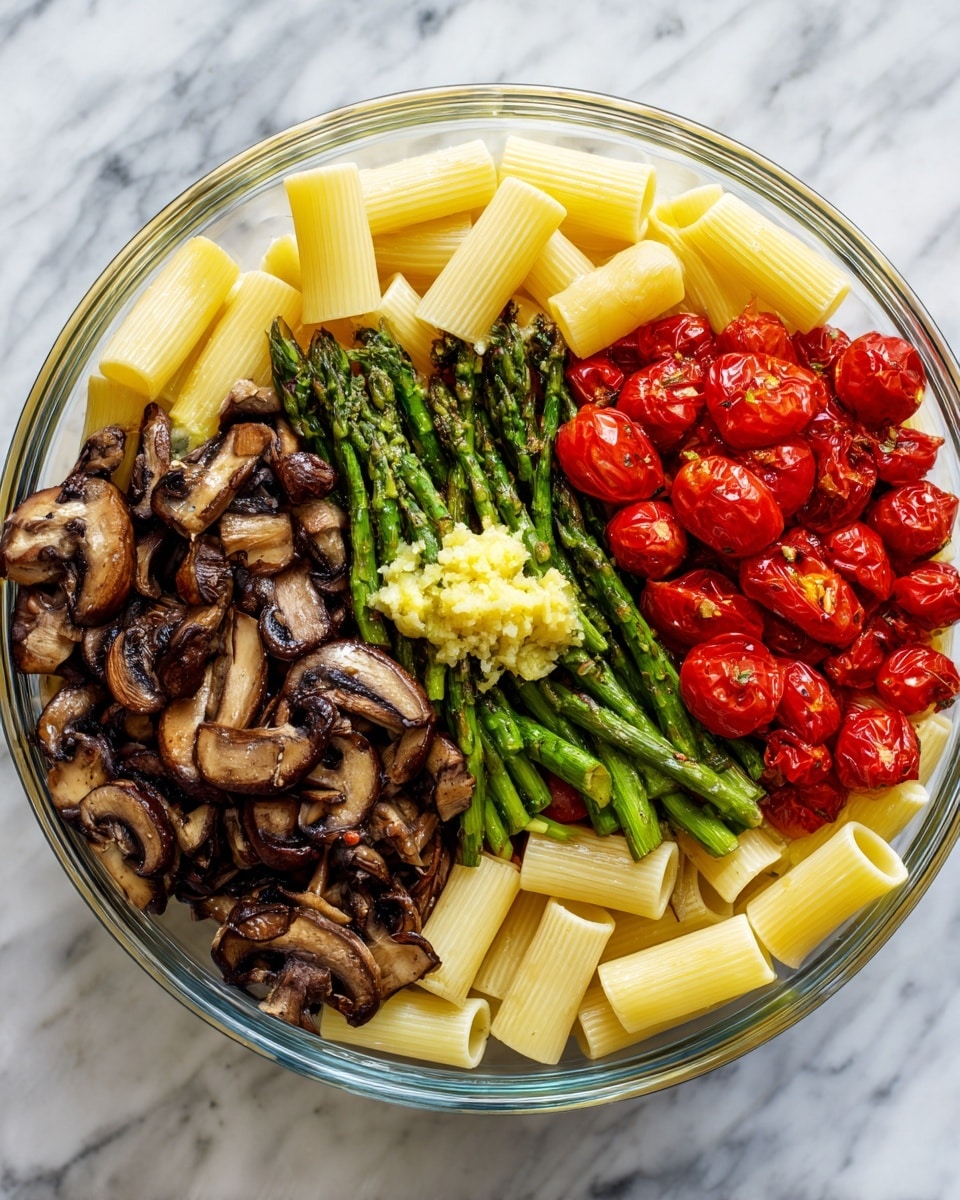 The image shows a clear glass bowl filled with a layered dish placed on a white marbled surface. The bottom layer consists of pale yellow rigatoni pasta arranged in a circular pattern. On top of the pasta, there are dark brown sautéed mushroom slices and green roasted asparagus tips scattered in a loose pile. Bright red roasted cherry tomatoes form a clustered section near the mushrooms, with a small dollop of mashed or minced light yellow garlic placed in the center on top of the mushrooms. The dish has a fresh and colorful look with a mix of smooth pasta tubes, tender mushrooms, crisp asparagus, and juicy tomatoes photo taken with an iphone --ar 4:5 --v 7