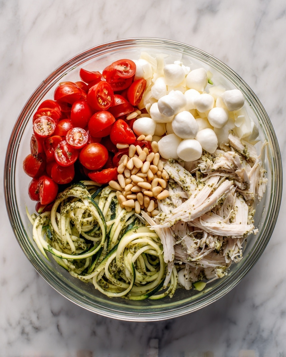 A clear glass bowl sits on a white marbled surface, filled with four distinct sections of ingredients. The base layer is green zucchini spirals with a light pesto coating. On top, one section holds bright red cherry tomato halves, another has small white mozzarella balls, a third shows pale shredded chicken, and in the center, there is a small pile of light brown pine nuts. photo taken with an iphone --ar 4:5 --v 7
