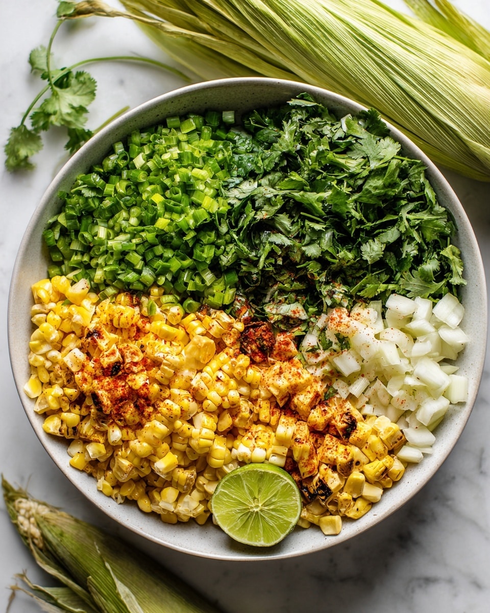 A white bowl on a white marbled surface holds a colorful mix of ingredients arranged in sections: bright green chopped scallions on the top left, fresh green cilantro leaves on the bottom left, grilled yellow corn kernels with some light brown grill marks in the middle and right, and small white diced pieces sprinkled with red spice powder on the bottom middle. A shiny lime half with a light green interior rests on the right side of the bowl. Two ears of corn with husks are partially visible at the top right corner of the image. Photo taken with an iphone --ar 4:5 --v 7