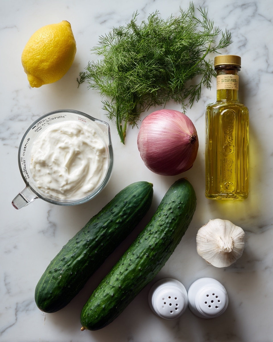 The image shows the ingredients for a dish arranged neatly on a white marbled surface. Two long, dark green cucumbers lie side by side at the bottom center. Above the cucumbers is a clear glass measuring cup filled with thick white yogurt. To the left of the cucumbers is a half lemon with bright yellow skin. At the top left are fresh green dill herbs with fine, feathery leaves. In the upper center is a whole red onion with smooth purple-red skin. To the right of the onion is a bulb of garlic with a light yellowish outer layer. A bottle of golden oil is placed near the garlic on the right. Two white salt and pepper shakers are at the bottom right corner. Each ingredient is labeled with simple typed tags. The whole arrangement is lit brightly with soft shadows, and the background stays clean and white marbled. photo taken with an iphone --ar 4:5 --v 7