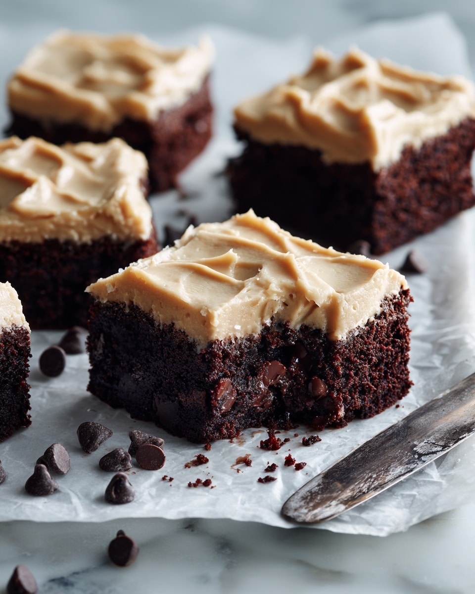 A square chocolate cake is cut into nine equal pieces, each topped with a thick layer of smooth, creamy light beige frosting that has soft swirls and gentle peaks. The dark brown cake contrasts with the pale frosting, visible along the edges where the cake is sliced. The cake sits directly on white parchment paper placed on a white marbled surface. To the right of the cake, an old butter knife with frosting on its blade lies flat, and small crumbs and smudges decorate the area nearby. photo taken with an iphone --ar 4:5 --v 7