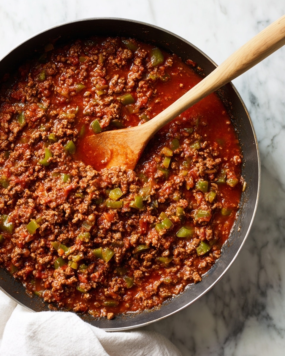 A large black pan filled with cooked ground meat mixed with small pieces of green bell pepper and onions, all covered in a rich reddish-brown sauce that looks thick and saucy. A wooden spoon rests inside the pan, partly covered by the meat mixture. The pan is sitting on a white marbled surface with a white cloth partially visible on the side. The dish looks hearty and well mixed with small chunks and bits of vegetables evenly spread throughout. Photo taken with an iphone --ar 4:5 --v 7