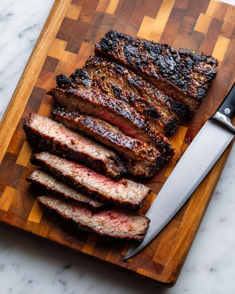 A wooden cutting board with a checkered pattern holds several slices of grilled steak arranged in two neat layers; the top layer has thinner, longer slices with a dark charred crust and a grey-brown inside, while the bottom layer features thicker slices showing a pinkish center and a dark grilled outer edge. A large silver knife with a black handle sits diagonally across the cutting board, partly under the steak. The surface underneath is white marble. photo taken with an iphone --ar 4:5 --v 7