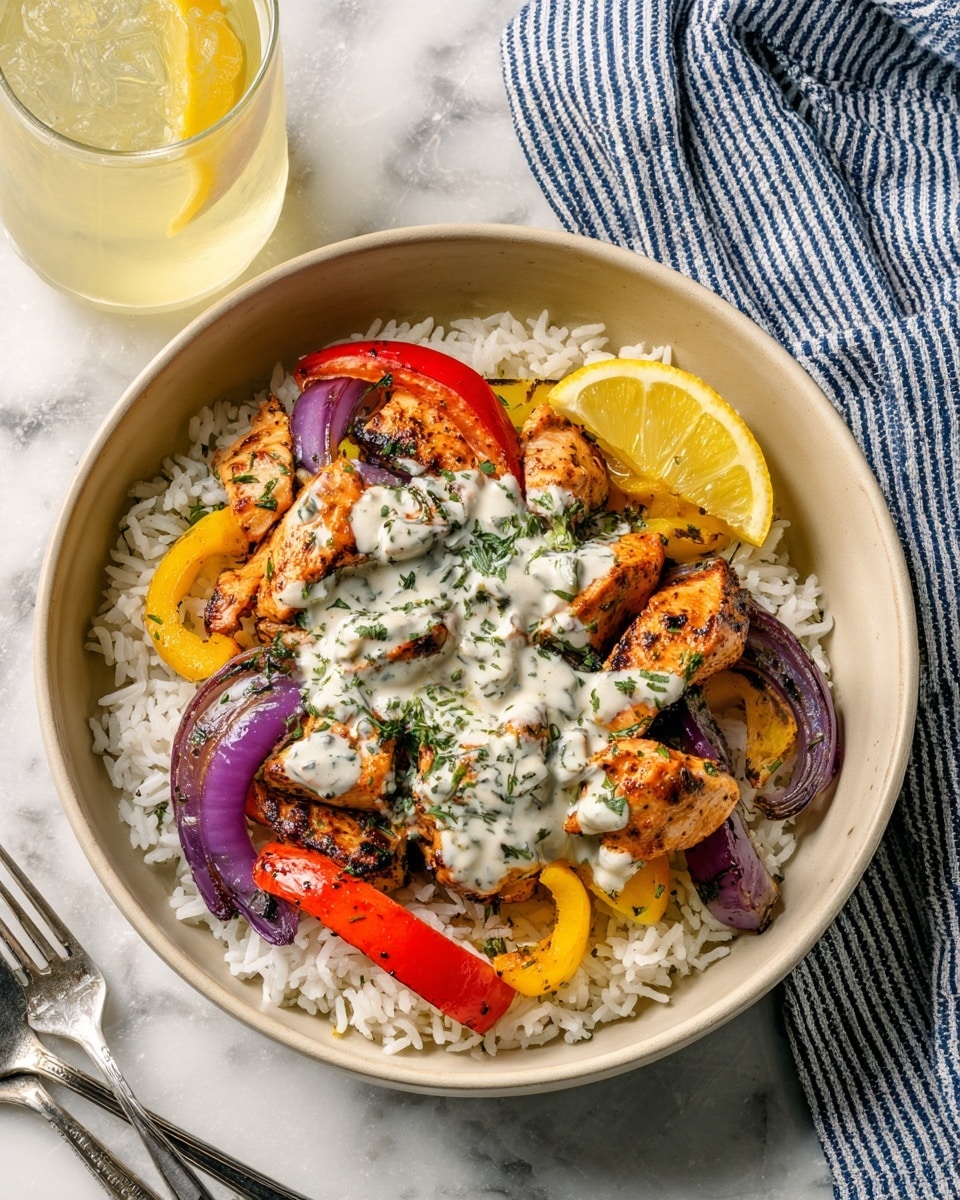 A beige bowl holds a dish with a base layer of white rice, topped with several pieces of seasoned grilled chicken in a brownish-orange color. Interspersed among the chicken are slices of roasted red and yellow bell peppers and purple onion rings. Above these is a thick, creamy white sauce sprinkled with green herbs, covering a central part of the dish. On the side, a bright yellow lemon wedge rests on the edge of the bowl. The bowl is placed on a white marbled textured surface with a blue and white striped cloth and a silver fork beside it, and a glass of iced yellow drink is nearby. Photo taken with an iphone --ar 4:5 --v 7