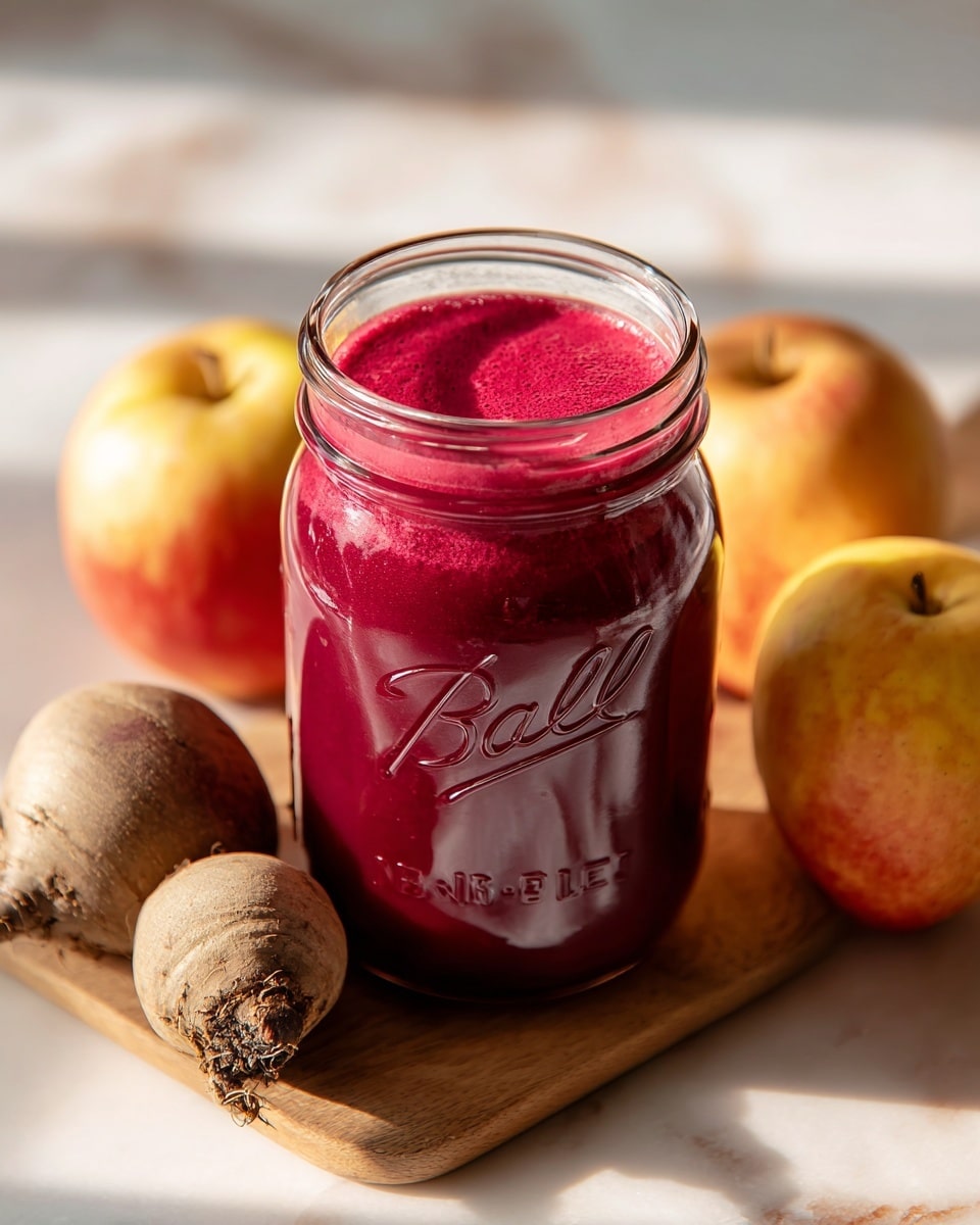 A clear glass jar filled with thick, deep red beet juice, filled to the top with a smooth texture showing slight ripples on the surface. The jar has the word