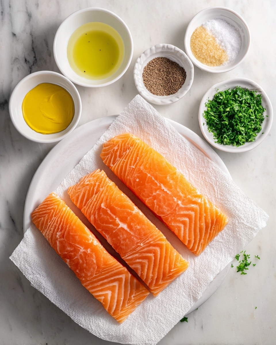 The image shows four pieces of arctic char with a pale orange color and smooth texture, placed on white paper towels on a white plate, all sitting on a white marbled surface. Around the plate, there are small white bowls arranged in a loose circle, each containing different ingredients: dark brown granulated brown sugar with a rough texture at the top right, light beige garlic powder powder with a fine texture below it, pale yellow lemon juice liquid in the bottom left bowl, bright yellow dijon mustard with a creamy texture at the bottom right, and finely chopped bright green parsley in a small white bowl near the bottom center of the image. The items have a bright, clean look with soft natural light. Photo taken with an iphone --ar 4:5 --v 7