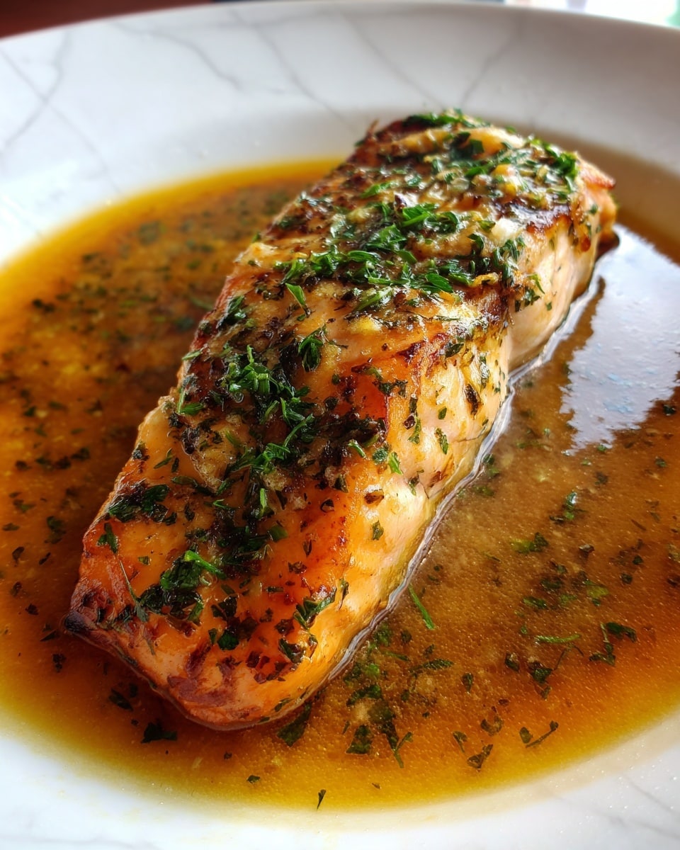 A close-up view of a cooked piece of salmon with a light golden-brown surface topped with sprinkled green herbs. The salmon sits in a shiny brown sauce that pools around its base, on a white marbled surface. The texture of the fish looks tender with a slight sear on the edges. photo taken with an iphone --ar 4:5 --v 7