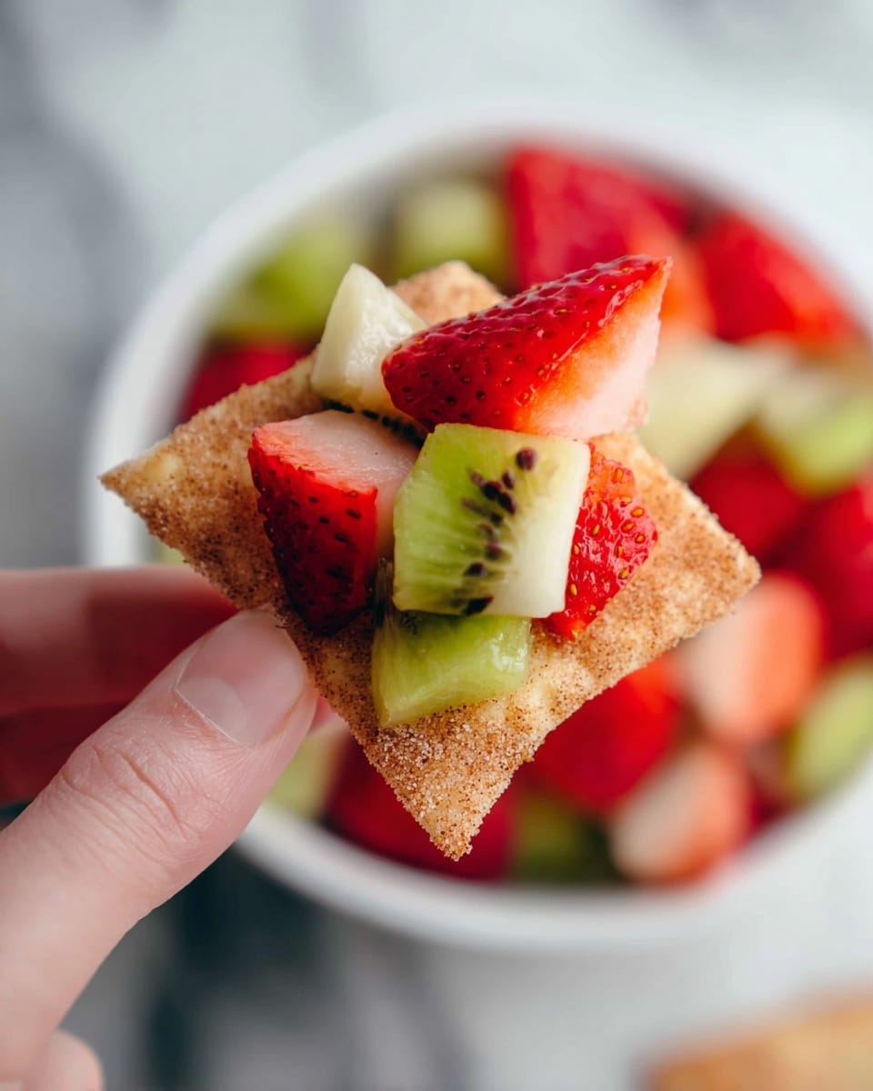 A close-up of a white speckled bowl filled with a colorful fruit salad, showing two layers: the bottom layer has chunks of light green kiwi with tiny black seeds, and the top layer has bright red strawberries cut into small pieces. The bowl is placed on a white marbled surface, with a couple of pieces of light brown crackers leaning inside the bowl at the back. In front of the bowl, there is a whole strawberry with its green top and a wedge of lime resting on the white marbled surface. The focus is on the fresh, juicy textures of the fruit and the speckled bowl. photo taken with an iphone --ar 4:5 --v 7