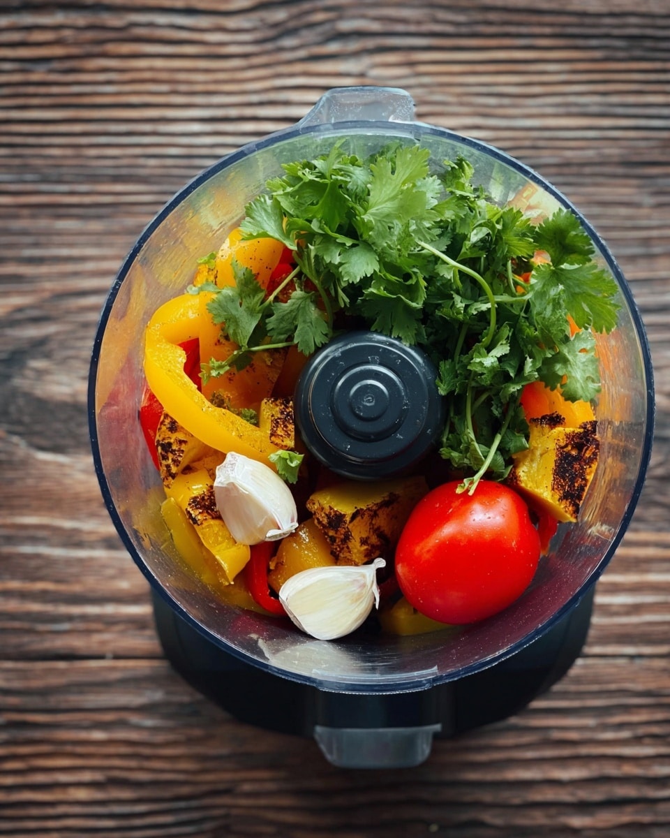 The image shows a food processor from the top view filled with fresh ingredients. Inside, there are two whole red tomatoes on the right side, bright green cilantro leaves on the top center, several garlic cloves scattered around, and chunks of roasted yellow bell peppers with some charred edges. The inside of the processor bowl is clear, and it sits on a black base, all placed on a wooden textured surface. photo taken with an iphone --ar 4:5 --v 7