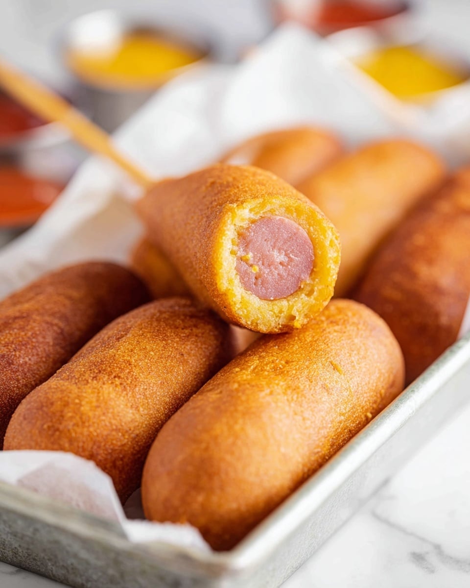 The image shows a close-up of several golden-brown corn dogs arranged in a white paper-lined metal tray. The front corn dog is slightly in focus, with its end bitten to reveal a pink sausage inside, surrounded by a thick, crispy, and textured yellow cornmeal batter. The corn dogs behind show smooth, evenly fried surfaces with warm orange-brown tones. The background includes small dipping sauce cups with blurred colors of red and yellow sauces on a white marbled surface. photo taken with an iphone --ar 4:5 --v 7