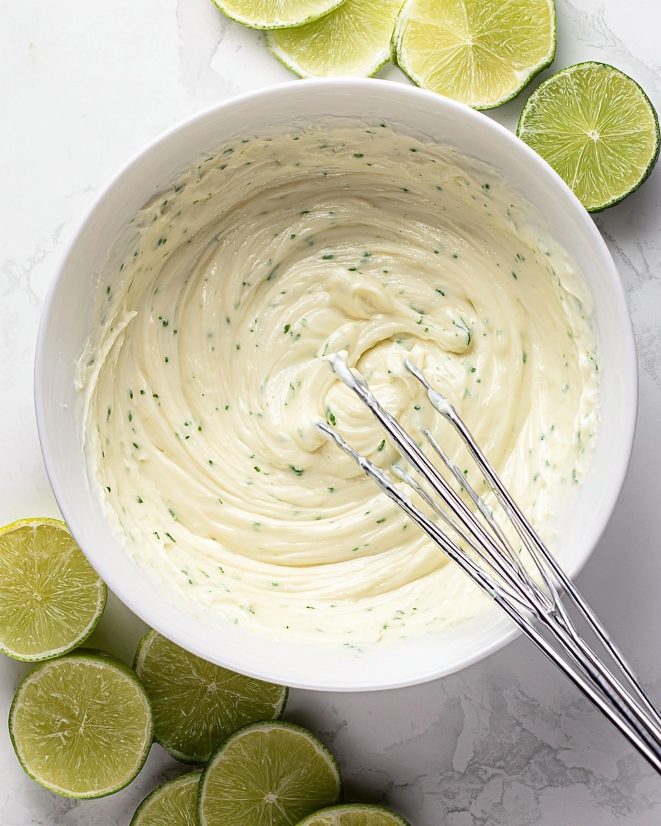 A white bowl filled with a thick, creamy mixture that is pale yellow with small green specks scattered evenly throughout. Two shiny metal beaters rest inside the bowl, partially covered in the mixture, creating soft swirls and texture on the surface. Surrounding the bowl on a white marbled surface are several lime halves and slices, showing their bright green rind and juicy pale green flesh inside. The scene is bright and clean, highlighting the fresh and smooth texture of the creamy mixture. photo taken with an iphone --ar 4:5 --v 7