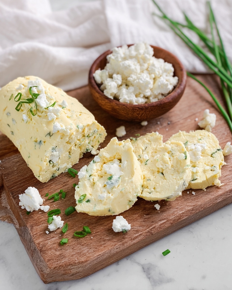 The image shows a wooden board with a log of pale yellow soft cheese mixed with white crumbles and green herbs, partially sliced into thick pieces with rough edges. Next to the cheese log, there is a small brown bowl filled with crumbly white cheese. Some chive stalks lay across and near the cheese, adding a fresh green color. The whole scene is set on a white marbled surface with a white cloth in the background. Photo taken with an iphone --ar 4:5 --v 7