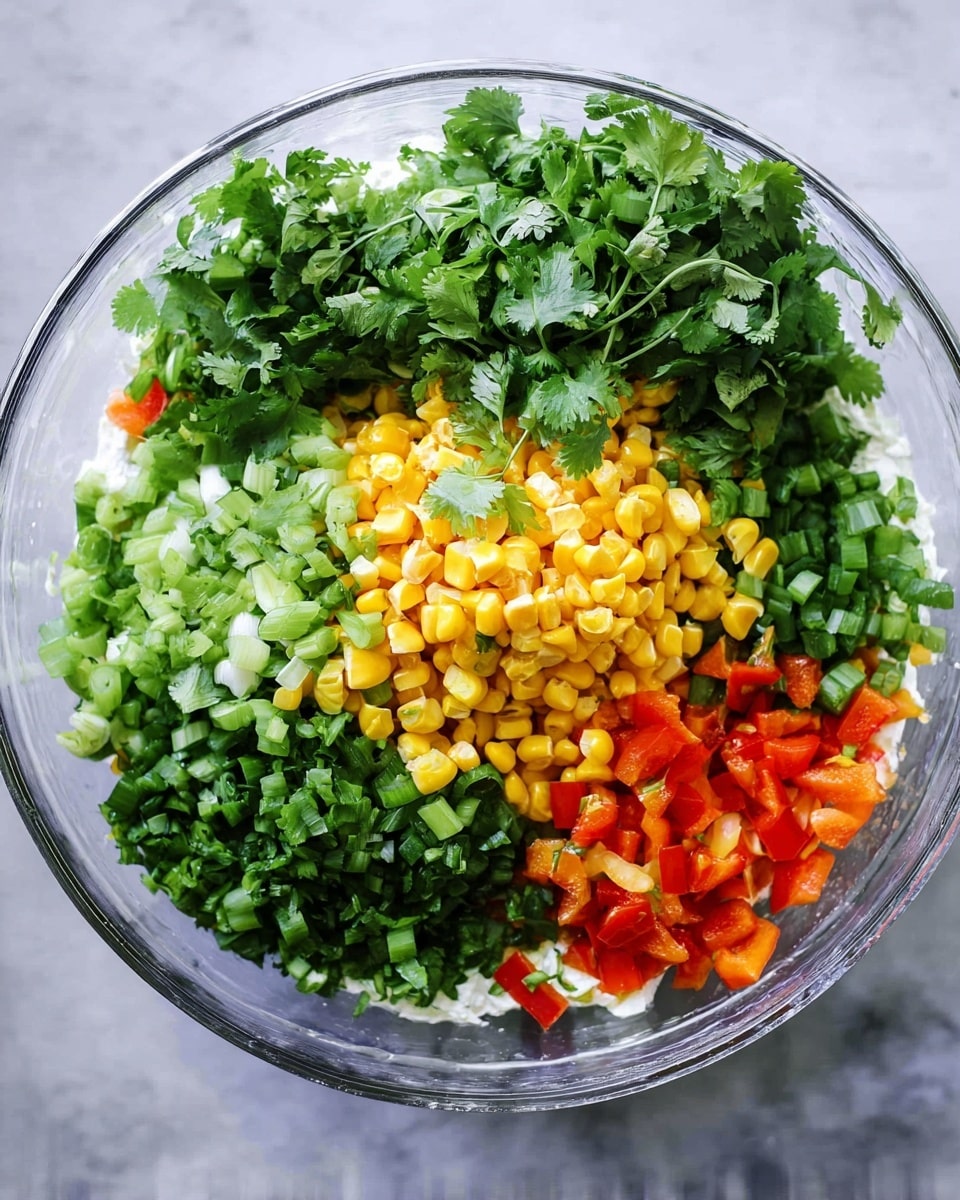A clear glass bowl holds five colorful layers of fresh chopped ingredients, arranged side by side. Starting from the top left, there is a bunch of bright green cilantro leaves with a leafy texture. Below the cilantro is chopped light green scallions, finely sliced. In the middle sits a pile of shiny yellow corn kernels, smooth and round. To the right of the corn are more green chopped scallions with a slightly darker shade. The bottom right corner has bright red chopped bell peppers with a crisp and shiny texture. The edges of the bowl show a layer of white creamy dressing spread thinly underneath the vegetables. The bowl is placed on a white marbled surface. Photo taken with an iphone --ar 4:5 --v 7