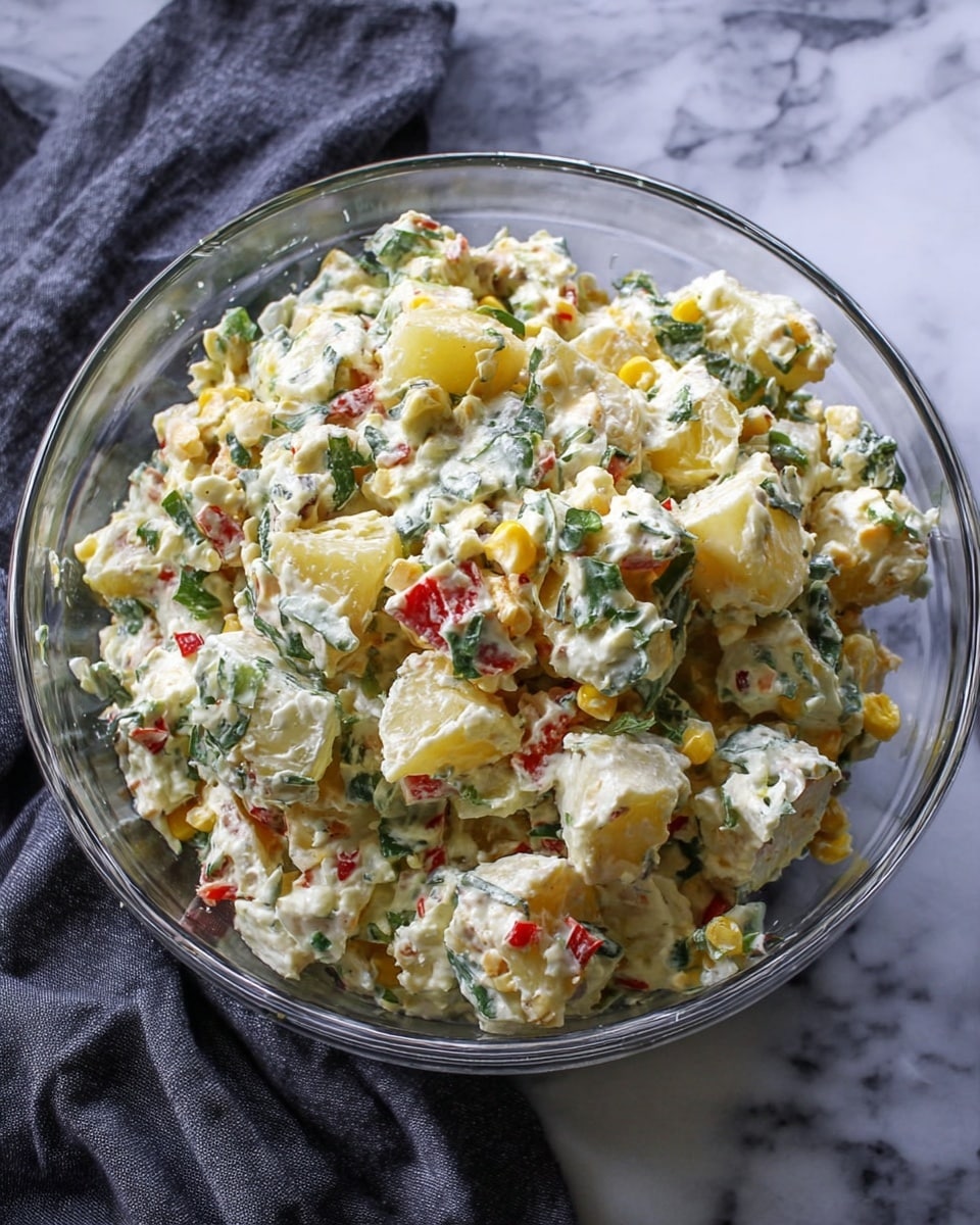 A clear glass bowl filled with a mixed salad of creamy white base with chunks of pale yellow potatoes, bright yellow corn kernels, small pieces of red bell pepper, and green leafy herbs all mixed together, showing thick creamy texture coating the ingredients. The bowl is placed on a white marbled background with a dark cloth nearby. photo taken with an iphone --ar 4:5 --v 7