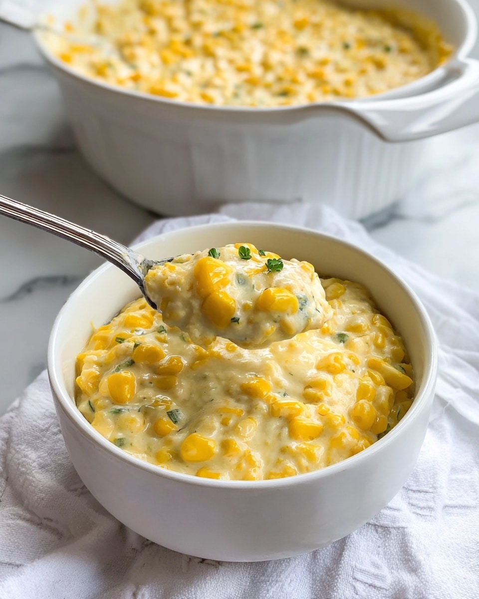 A white bowl filled with creamy corn that has a thick, smooth texture with visible whole yellow corn kernels and small green herb pieces mixed in. A silver spoon lifts a spoonful of the creamy corn from the bowl, showing the mixture’s rich, soft consistency. Behind the bowl, there is a larger white dish filled with more of the same creamy corn. Both dishes are placed on a white and lightly patterned cloth, all set on a white marbled surface. photo taken with an iphone --ar 4:5 --v 7