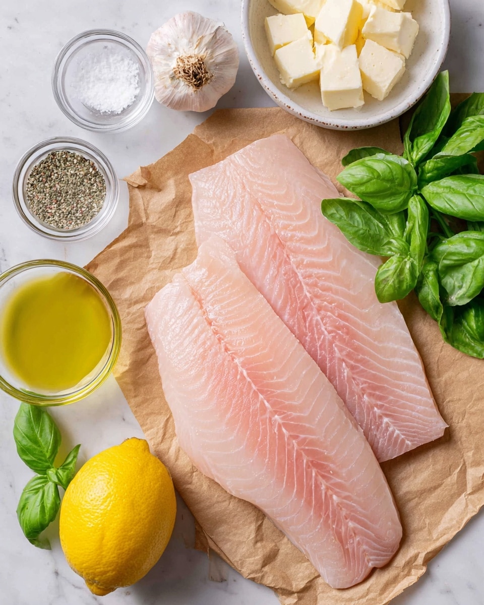 Two raw pink fish fillets lay flat on light brown paper in the center of the image, showing smooth, fresh texture with visible lines on the flesh. To the left of the fish, a whole garlic bulb and two small clear round bowls with salt and pepper sit on the white marbled surface. Below the fish, a bright yellow lemon and a small white bowl filled with clear oil are visible. To the right of the fish, a bunch of fresh green basil leaves add a vibrant touch, and a white bowl with chunks of butter is partially seen. The photo taken with an iphone --ar 4:5 --v 7