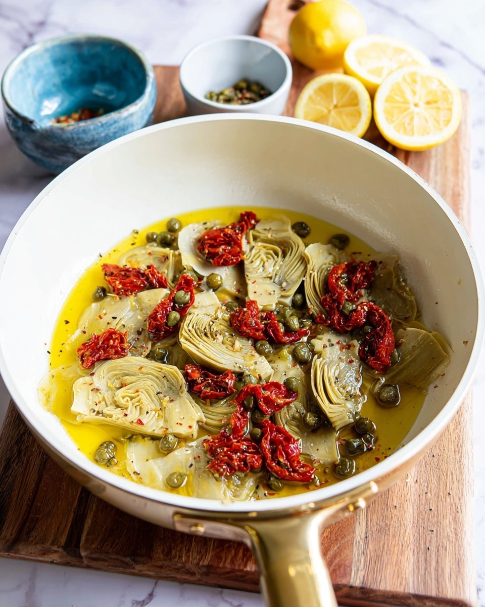A white pan with a gold handle holds a dish with several layers: the bottom layer is bright yellow oil with sliced garlic pieces scattered around, above it are small green capers and bright red sun-dried tomatoes, and topping this are soft, greenish-gray artichoke hearts. The pan sits on a wooden board with lemon slices in the background on the right side and two small bowls, one blue and one white, on the left side, all placed on a white marbled surface. photo taken with an iphone --ar 4:5 --v 7