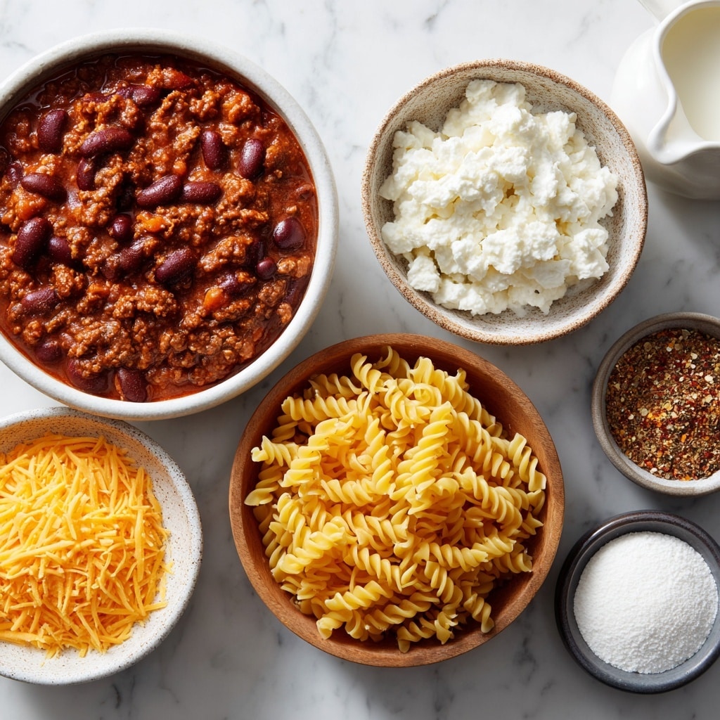 Several bowls of ingredients are arranged on a white marbled surface. The largest bowl is filled with leftover chili, showing rich, reddish-brown beans and meat in sauce. To the upper right, a bowl contains white, lumpy cottage cheese. Below the chili is a small white pitcher filled with milk of choice. At the center right, a wooden bowl holds yellow, spiral-shaped gluten-free pasta. Below that, another bowl contains shredded cheddar cheese in bright orange-yellow shreds. To the right, a speckled bowl with a mix of spices in different colors like red, brown, and black is visible. A small dark bowl with white cornstarch is also present near the milk. photo taken with an iphone --ar 4:5 --v 7