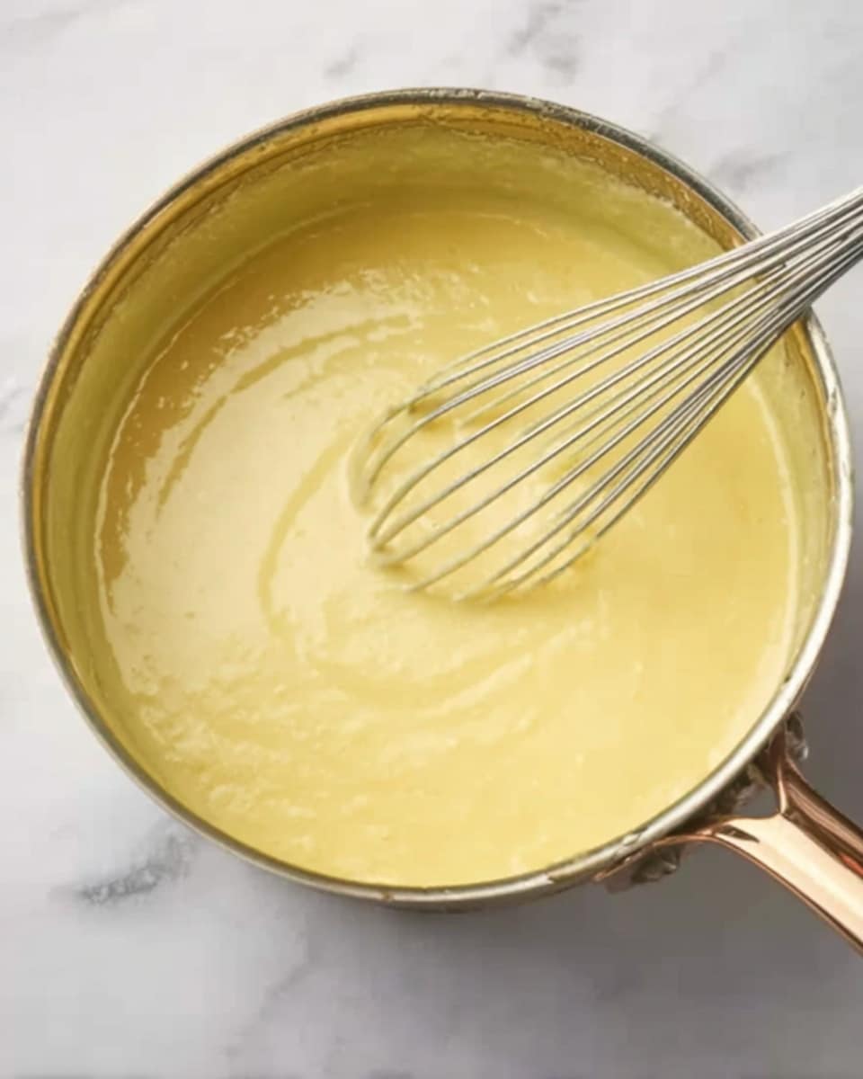 A close-up image showing a shiny metal pot filled with a smooth, pale yellow sauce or batter being stirred with a metal whisk. The sauce has a creamy texture with slight thickness and is evenly mixed. The pot is positioned on a white marbled surface. The metal whisk is halfway submerged in the sauce and angled toward the front of the image. photo taken with an iphone --ar 4:5 --v 7