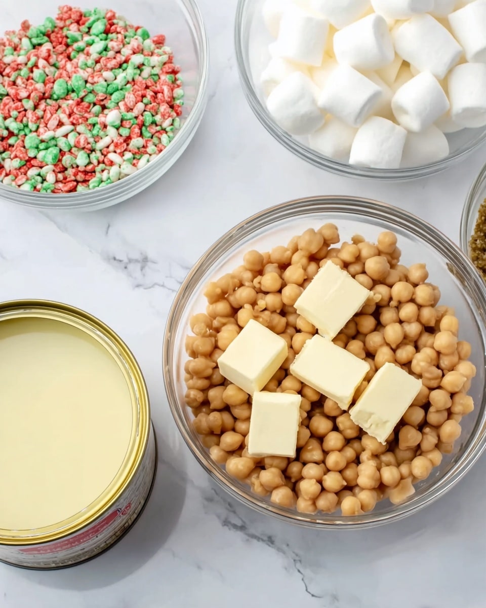 A clear glass bowl with a bottom layer of light brown chickpeas topped with four small square pieces of pale yellow butter scattered on top. Nearby, an opened can with a smooth, creamy pale yellow liquid inside is placed on the white marbled surface. In the background, there are two clear glass bowls; one bowl contains a mix of small red, green, and white candy bits, and the other has several large, white marshmallows. Photo taken with an iphone --ar 4:5 --v 7