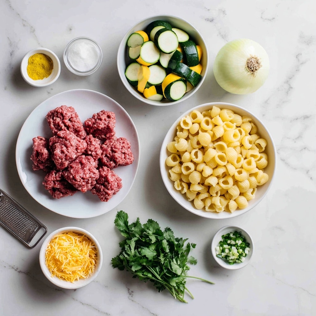 A white plate holds chunks of raw ground beef in the center. To the left of it is a white bowl filled with sliced green zucchini and yellow squash. Next to the beef on the right is a white bowl full of small, yellow pasta shells. Below the beef are small white containers, one with a yellow seasoning salt and another with white sour cream. At the bottom left, a white dish shows grated bright orange cheese with a metal grater resting partially on it. A small open can of chopped green chilis is below the bowl of zucchini and squash. At the bottom right, there is a small bunch of fresh green cilantro, and half of a peeled yellow onion is placed above it. All items are set on a white marbled surface. photo taken with an iphone --ar 4:5 --v 7