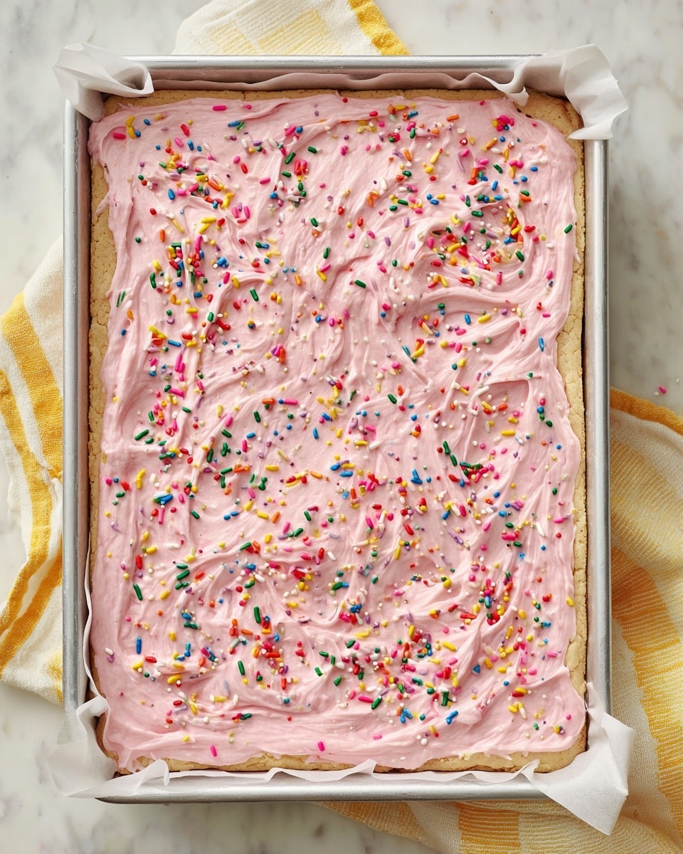 The image shows a rectangular cookie bar in a metal baking pan lined with white parchment paper. The cookie base is light golden-brown and flat, taking up the bottom layer. On top is a thick, creamy layer of light pink frosting with swirled texture across the whole surface. Bright, colorful rainbow sprinkles in shades of red, yellow, green, blue, purple, orange, and white are scattered unevenly across the frosting. The pan is placed on a white marbled surface with a yellow and white striped cloth partially under it. photo taken with an iphone --ar 4:5 --v 7