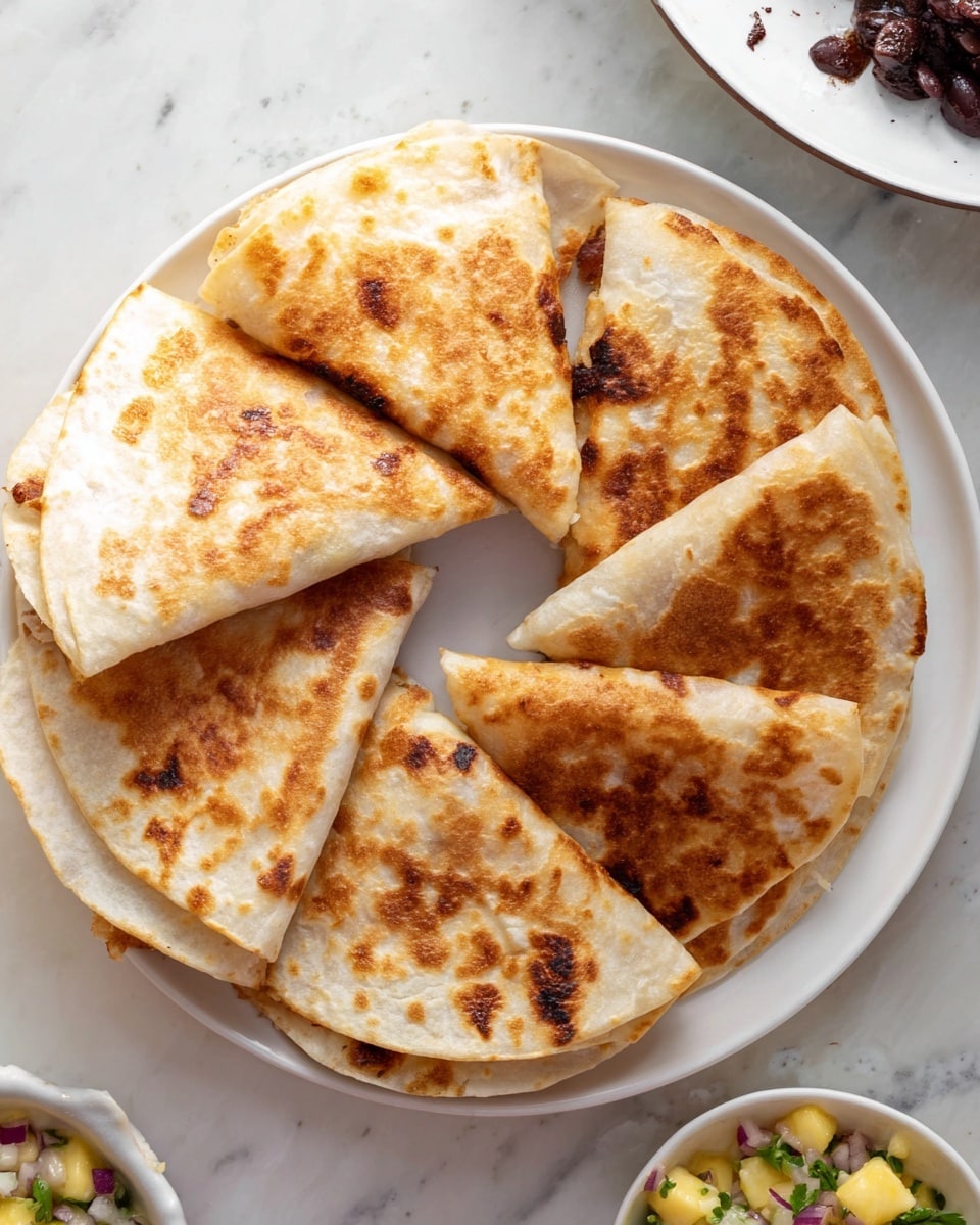 A white plate holds several folded quesadillas arranged in a loose circle, each showing a golden-brown, slightly crispy surface from cooking, with some darker toasted spots. The quesadillas are thin and soft, folded in half to form a semicircle shape, with a few slightly uneven edges. At the top right corner of the image, there is a partial view of another white plate with some dark beans and crumbs on it. In the bottom right corner, a small white bowl contains a chunky salsa made of chopped yellow mango, purple onion, green herbs, and small green chili pieces. The setting is on a white marbled surface. photo taken with an iphone --ar 4:5 --v 7