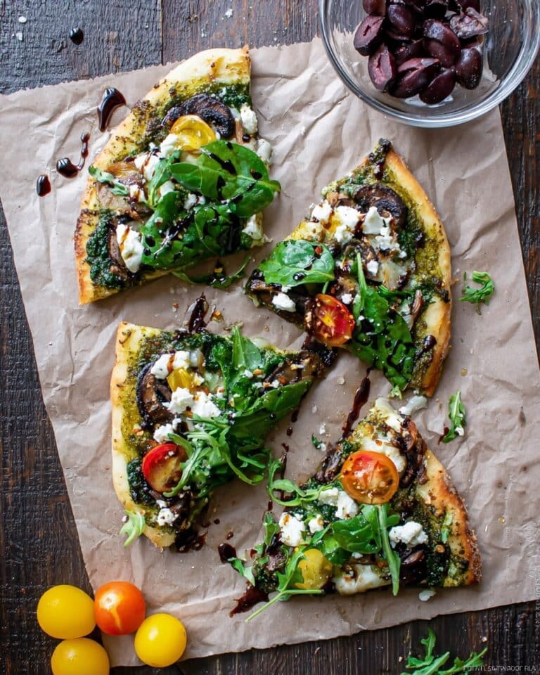 Veggie Flatbread Pizza with Pesto, Mushrooms and Feta Recipe