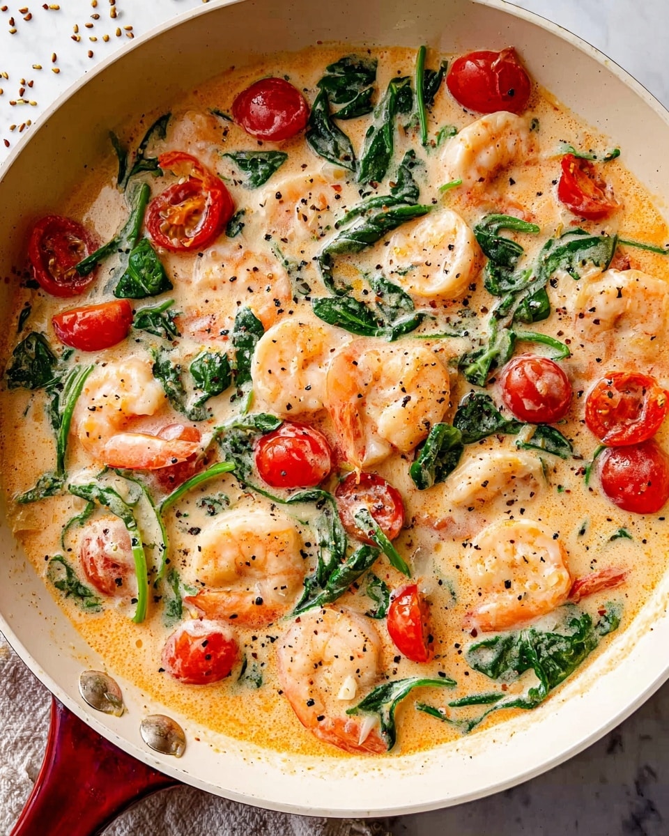 The image shows a white pan filled with a creamy sauce that has a light orange and white color. Inside the sauce, there are many pink shrimp with tails, bright green spinach leaves, and halved red cherry tomatoes. The sauce looks smooth and slightly bubbly, with small black pepper spots scattered on top. The pan handle has a reddish color at the base, and the pan sits on a white marbled surface sprinkled with some seeds. The photo is taken from above, showing the mix evenly spread inside the pan. Photo taken with an iphone --ar 4:5 --v 7