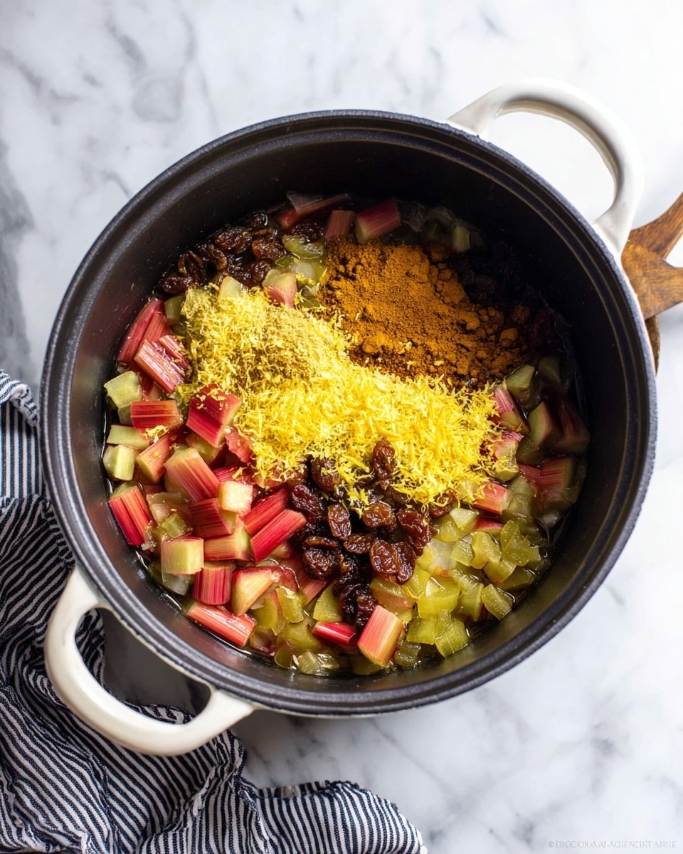 Inside a black pot with white handles on a white marbled surface, there are several colorful layers of ingredients. The bottom layer shows chopped red and green pieces of rhubarb. On top of the rhubarb, there is a heap of golden yellow zest and small dark brown powder of cinnamon, scattered raisins, and shredded light yellow zest arranged mostly on one side. A striped white and navy blue cloth is seen at the bottom left corner, next to the pot. Photo taken with an iphone --ar 4:5 --v 7