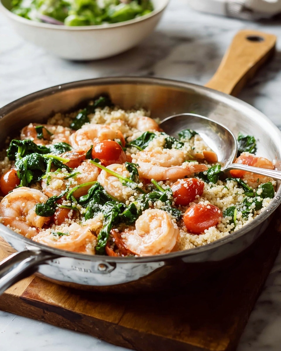 A shiny metal pan holds a dish with four layers: the bottom layer is a light, creamy grain mixture with a soft, slightly wet texture; scattered on top are curved, pink shrimp with a firm, smooth surface; bright red cherry tomatoes sit mixed in, adding pops of color and a shiny, juicy texture; lastly, fresh green spinach leaves are spread evenly throughout, adding contrast and a leafy texture. A silver spoon rests inside the pan near the front, and the pan sits on a wooden board with a white marbled surface underneath. In the blurred background, there is a bowl with green leafy salad. Photo taken with an iphone --ar 4:5 --v 7