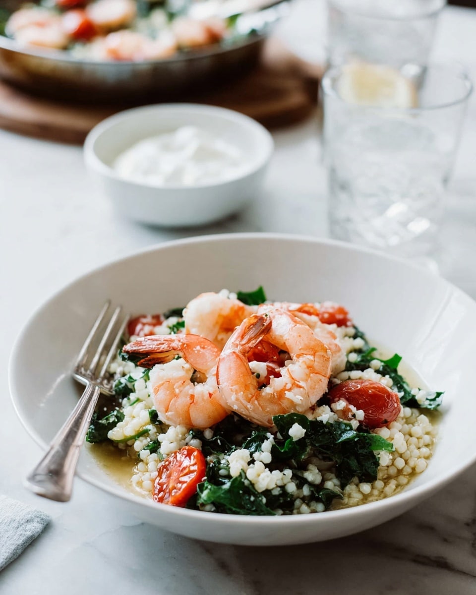 A white bowl holds a dish with three large pink shrimp on top, resting on a bed of small white grains mixed with bright green leafy vegetables and halved red cherry tomatoes, all lightly coated in a thin sauce. A silver fork is placed on the left side inside the bowl. In the background, there is a white bowl with a white creamy substance on a white marbled surface, a clear glass of water, and the blurred edge of a pan filled with a similar shrimp dish. The overall setting is softly lit, emphasizing the fresh colors of the food. photo taken with an iphone --ar 4:5 --v 7