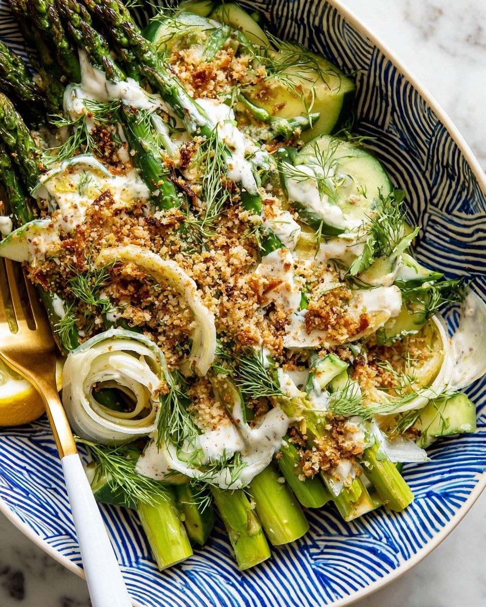 A white bowl with a blue zigzag pattern holds a fresh green asparagus salad with four layers: the bottom layer has bright green grilled asparagus spears, above that are thin pale green slices of zucchini, followed by thin white onion strips, and the top layer is creamy white dressing drizzled all over, sprinkled with coarse brown toasted crumbs and garnished with small green dill sprigs. A lemon wedge peeks out from the side, and a gold and white fork rests inside the bowl on the left side. The bowl is on a white marbled surface. Photo taken with an iphone --ar 4:5 --v 7