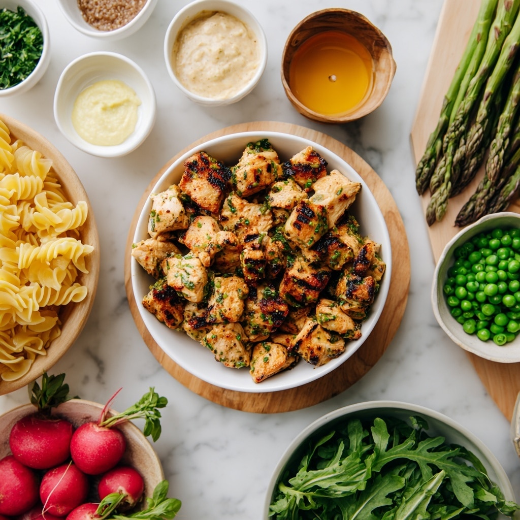 A white bowl filled with square pieces of cooked chicken, lightly grilled with some green herb flecks, sits on a white marbled surface. Around it on a round wooden board are small white and brown bowls with golden honey, creamy white mayo, and grainy mustard sauce. Fresh green asparagus stalks and a small bowl of green herbs are placed to the right. Below the chicken, there is a bowl of bright green frozen peas and a white bowl filled with fresh arugula leaves. At the bottom left, a wooden bowl holds red radishes with green tops, and next to it, a bowl with curled, pale yellow pasta is visible. The whole setup is natural and fresh with different bright and earthy colors. photo taken with an iphone --ar 4:5 --v 7