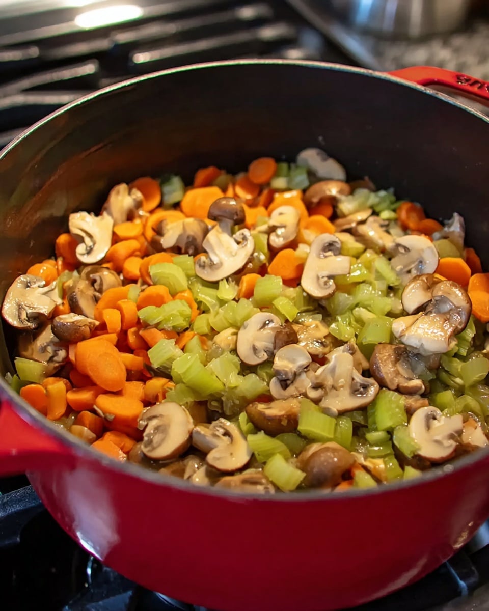 Inside a red pot on a stove, there is a mix of cooked vegetables. The vegetables have three main layers: the bottom layer is small, light orange carrot slices, the middle layer is bright green celery pieces, and the top layer is light brown sliced mushrooms. The vegetables look soft and slightly shiny from cooking. The pot's inside is black, showing the colorful mix clearly against it. Photo taken with an iphone --ar 4:5 --v 7