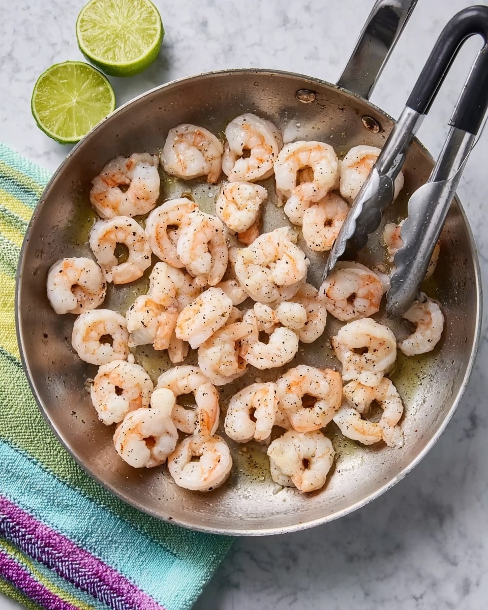 A silver pan on a white marbled surface holds about thirty cooked shrimp, arranged in a single layer. The shrimp are light pink and white with some black pepper sprinkled on them. A pair of silver tongs with black grips is resting inside the pan, slightly lifting some shrimp. A colorful cloth with green, blue, purple, and yellow stripes and a lime cut in half sit at the top left corner of the image. Photo taken with an iphone --ar 4:5 --v 7