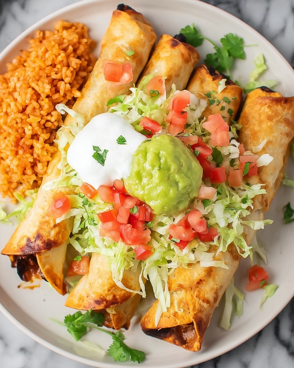 A white plate holds six golden brown folded taquitos arranged in a semi-circle, showing a crispy texture with slight charring. On top of the taquitos, there is a layer of shredded pale green lettuce, followed by small red diced tomatoes sprinkled with fresh green cilantro. Two dollops sit prominently on the center taquito: one bright green guacamole with a smooth texture, and one white sour cream with a thick, creamy look. In the top left corner of the plate is a mound of orange Mexican rice with a fluffy texture, and sprigs of cilantro are scattered around the base of the taquitos. The background surface is white marble. photo taken with an iphone --ar 4:5 --v 7