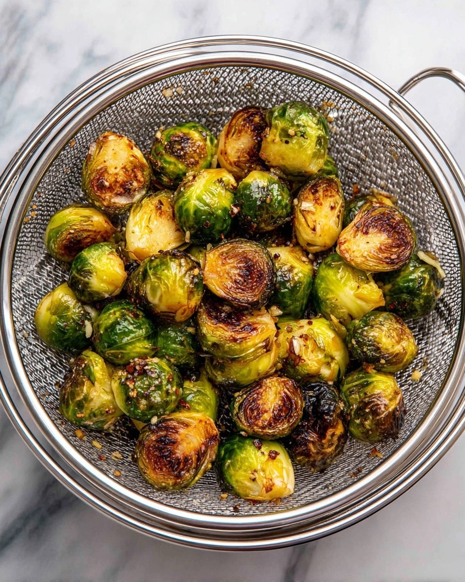 The image shows a layer of cooked Brussels sprouts placed on a metal wire basket with a shiny silver finish, used for air frying or frying. The Brussels sprouts are halved and whole, with a mix of green, brown, and golden colors, showing crispy, slightly charred edges and some browned, slightly rough textures. Small bits of cooked garlic and seasoning are scattered across and around the Brussels sprouts, adding a speckled detail. The basket is set on a white marbled surface, which contrasts with the darker tones of the sprouts and metal. Photo taken with an iphone --ar 4:5 --v 7