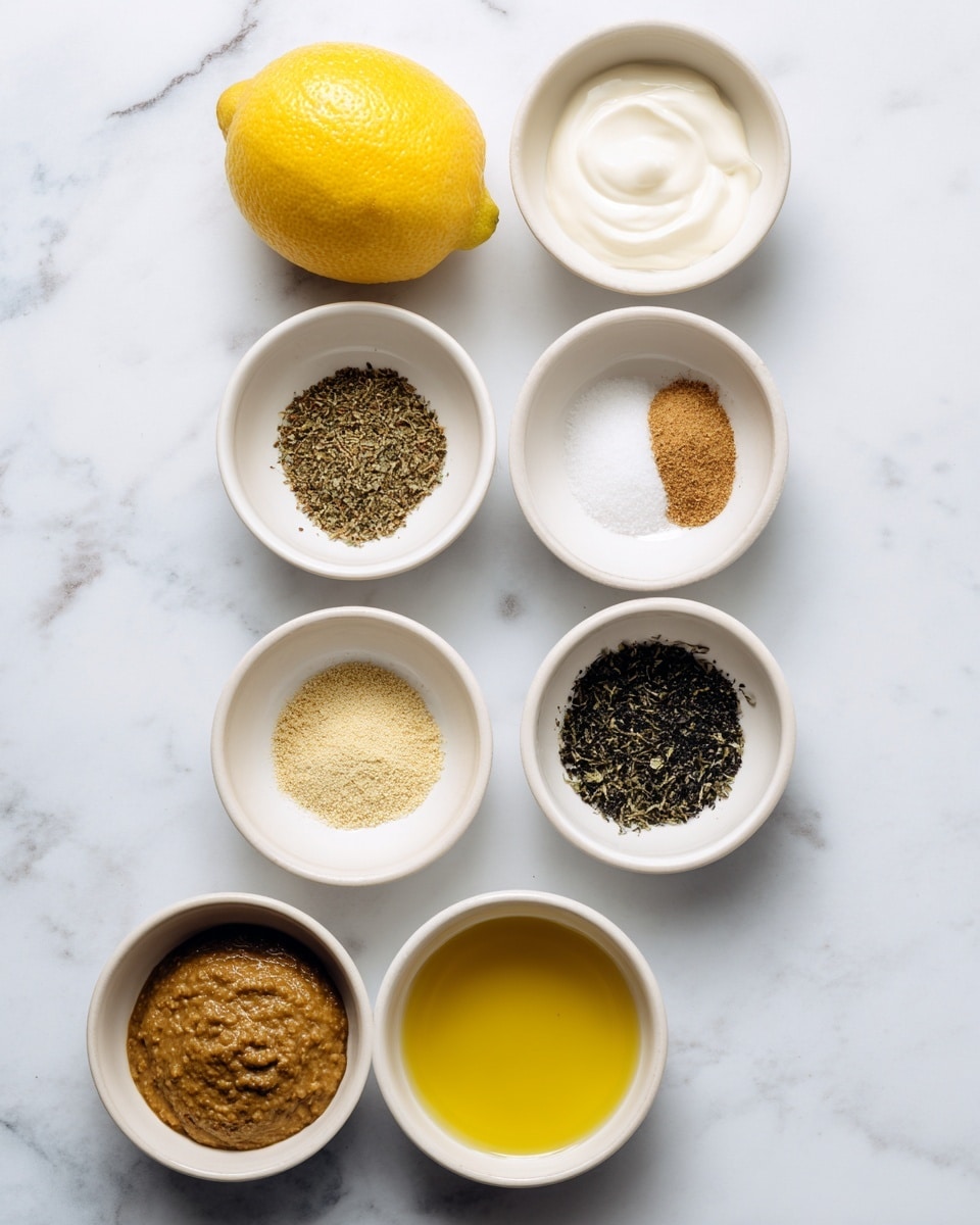 The image shows six small white bowls arranged vertically on a white marbled surface. At the top is an empty bowl, next is a bowl with a halved yellow lemon, followed by a bowl with a smooth white creamy substance. Below that is a bowl with six small piles of dry spices in different colors: light brown, dark green, beige, black pepper, white salt, and another dark green herb, arranged in a circular pattern. Beneath the spices is a bowl containing a thick grainy brown mustard-like sauce, and at the bottom is a bowl filled with golden yellow olive oil. The photo taken with an iphone --ar 4:5 --v 7