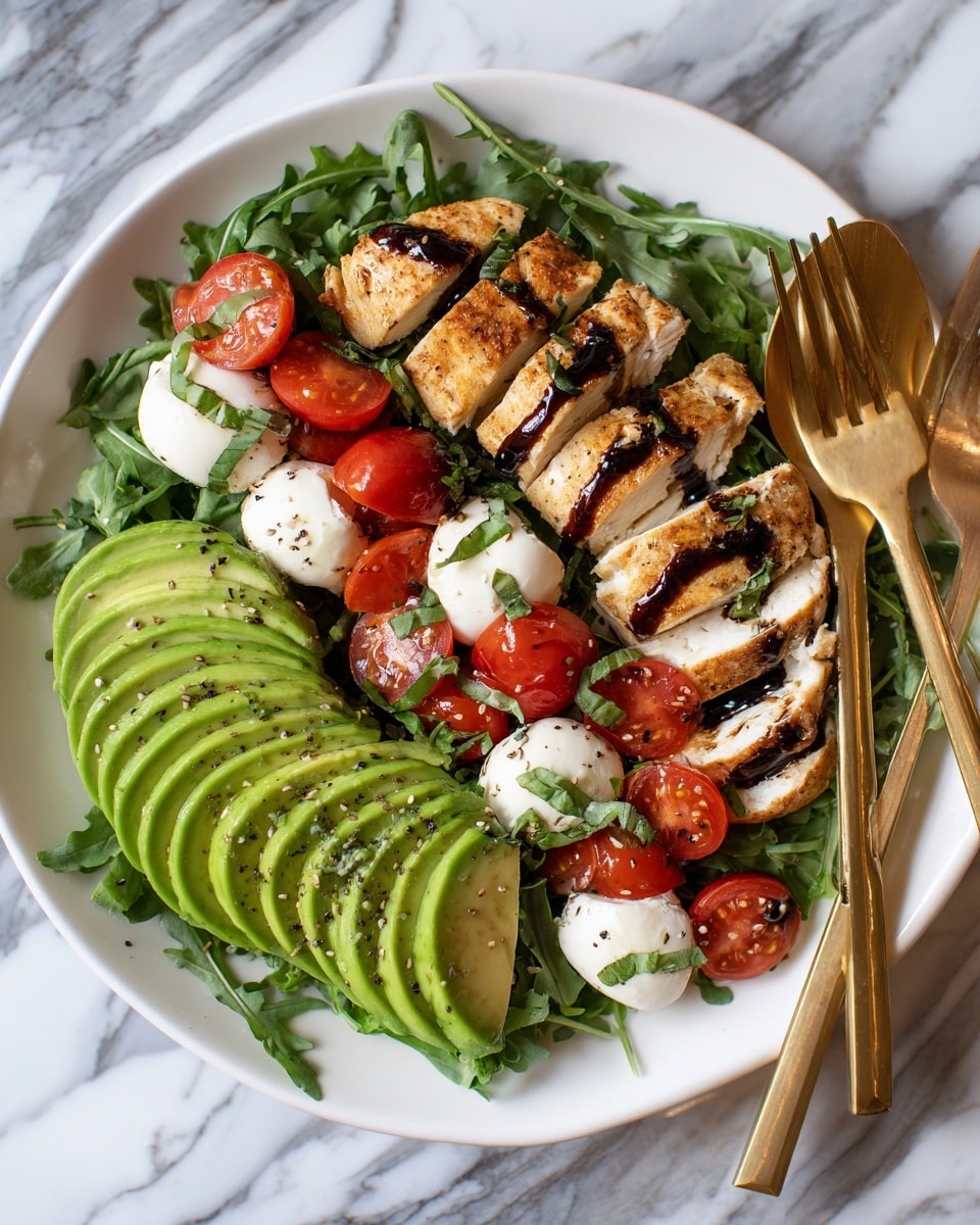 A white plate with a bed of dark green arugula leaves as the base layer, topped on one side with sliced grilled chicken that has a golden brown and slightly charred texture. Next to the chicken are halved red cherry tomatoes mixed with white, soft mozzarella chunks, all sprinkled with green basil strips and drizzled with balsamic glaze. On the other side, thin slices of bright green avocado are arranged in a fan shape and sprinkled with small seeds. The plate is set on a white marbled surface with a gold fork and spoon placed on the right side of the plate. Photo taken with an iphone --ar 4:5 --v 7