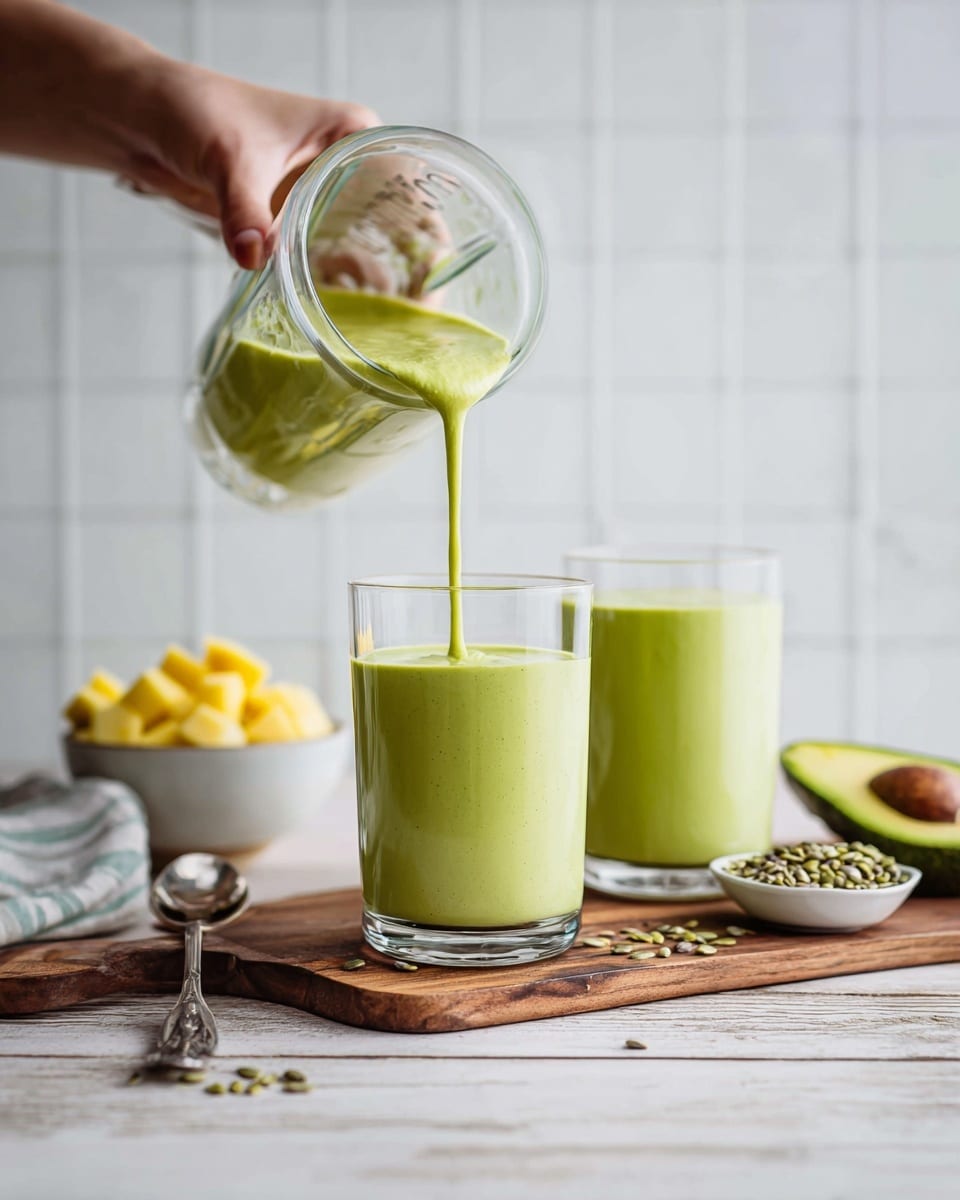 A clear glass is set on a wooden board with a spoon full of seeds resting on the board next to it. A woman's hand is pouring a thick, smooth, light green smoothie from a clear blender into the glass. Another glass with the same green smoothie is placed to the right of the pouring glass. In the background, a white bowl with halved avocado and another white bowl with yellow chunks are visible, all set against a white marbled surface and a white tiled wall. The scene is bright and clean with soft natural light. photo taken with an iphone --ar 4:5 --v 7