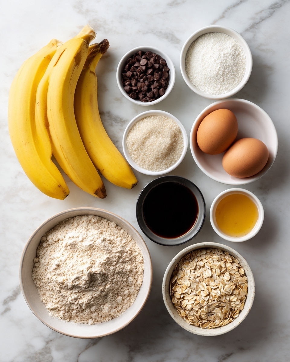 The image shows an arrangement of baking ingredients on a white marbled surface. There are three yellow bananas positioned on the left side. To their right are several small white bowls filled with different ingredients: one with white powder, another with dark brown chocolate chips, a small bowl with golden liquid, and two brown eggs placed side by side. Below these, there is a larger white bowl full of light beige flour, a bowl with dark syrupy liquid, a bowl with light beige oats, and a small black bowl with white granules. All bowls and items are neatly spaced and evenly placed in rows. Photo taken with an iphone --ar 4:5 --v 7