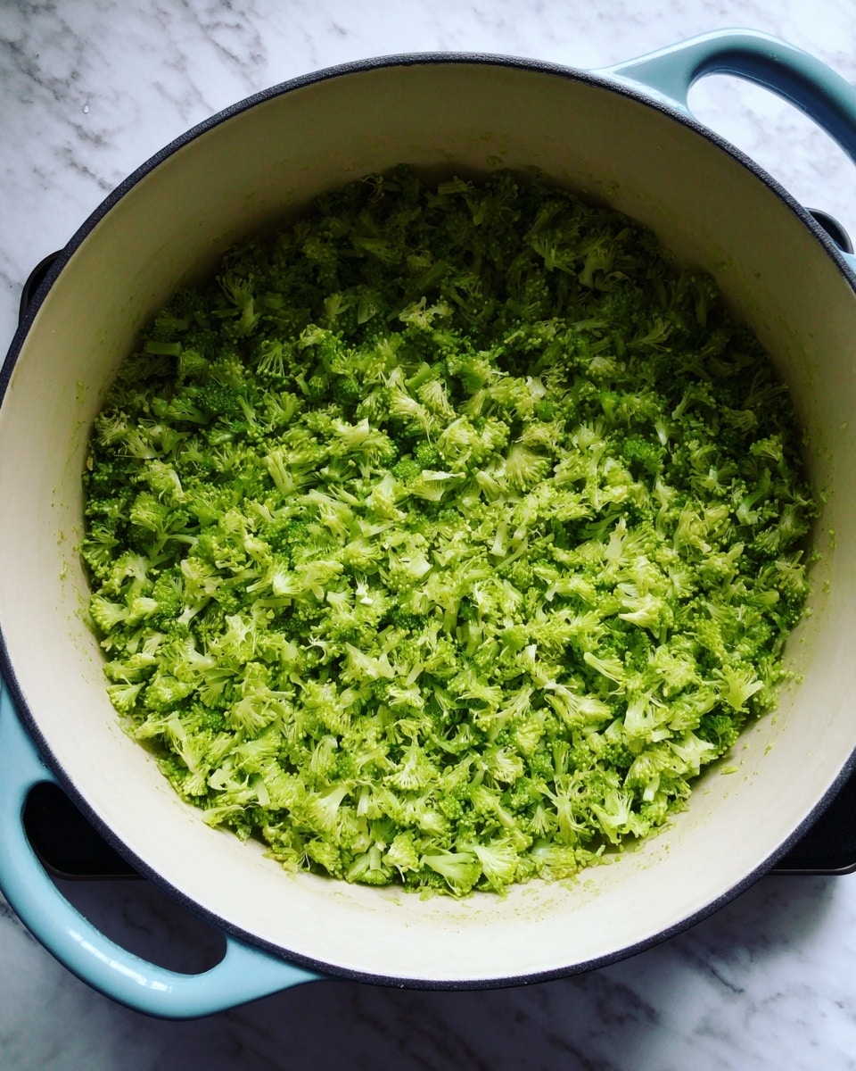 A light green mixture of finely chopped broccoli pieces evenly spread in one thick layer cooking in a white pot with a soft blue handle, sitting on a black stovetop. The broccoli looks fresh and slightly steamed with visible small bubbles around the edges. The image is set against a white marbled texture background. photo taken with an iphone --ar 4:5 --v 7