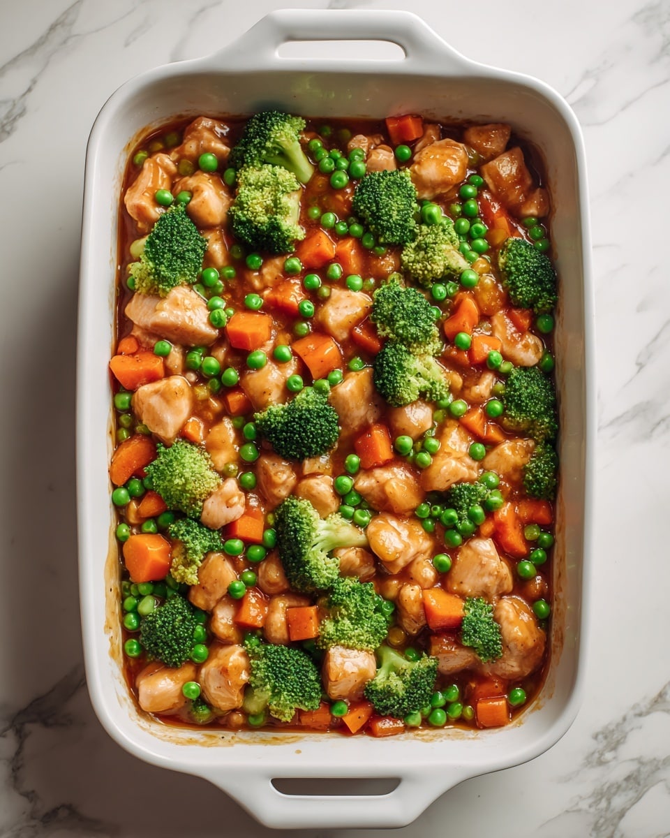 A white rectangular baking dish with two handles holds a layered dish. The bottom layer is light pink raw chicken pieces partly visible through a brown sauce. On top, there is a mix of fresh green broccoli florets, small bright orange carrot cubes, and green peas evenly spread across the surface. The dish is placed on a white marbled background. photo taken with an iphone --ar 4:5 --v 7