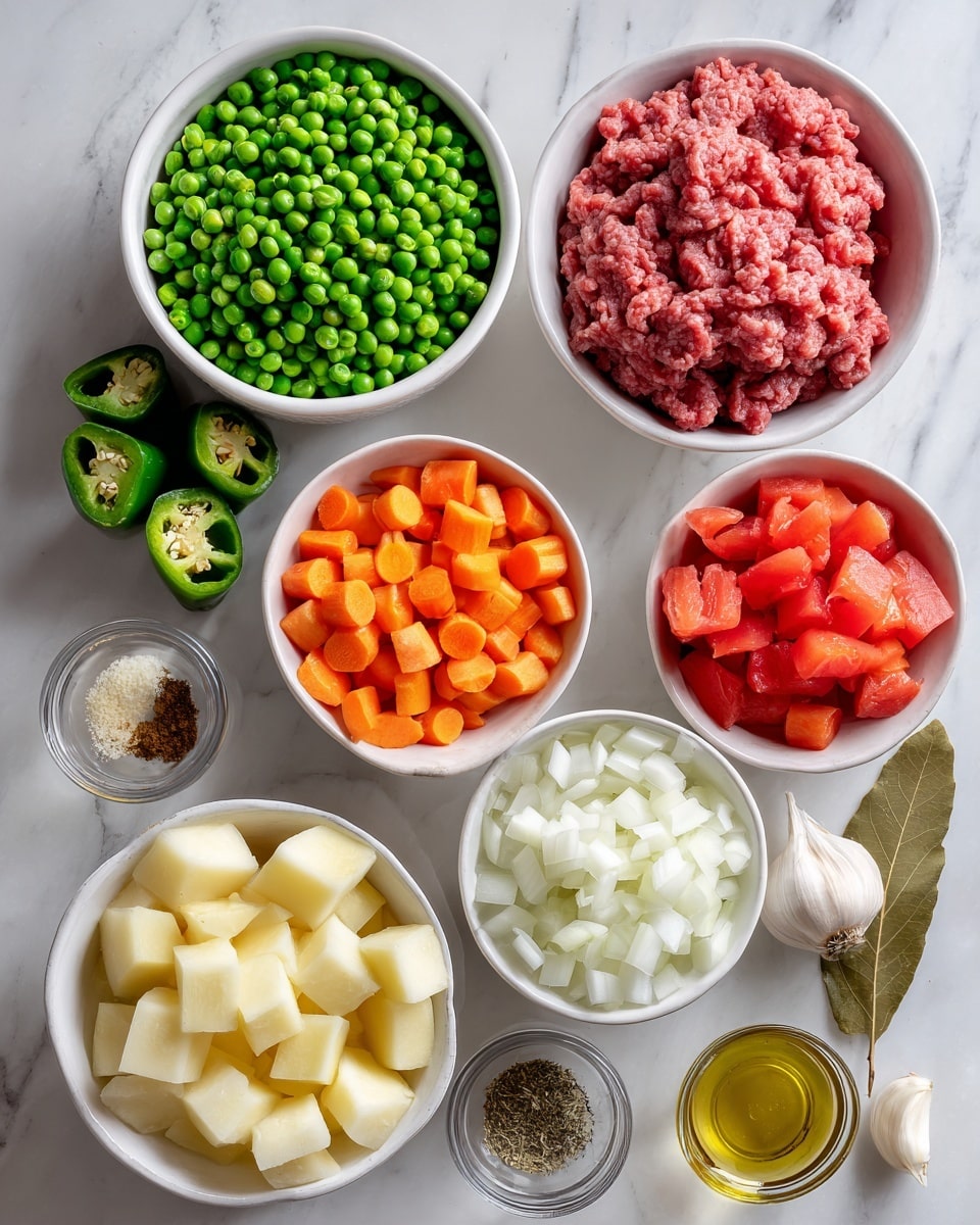 The image shows several small white bowls arranged on a white marbled surface, each filled with different ingredients. There is a bowl of bright green whole green peas, a bowl with two jalapeño pieces showing a fresh green interior, and a bowl with chopped orange carrots. A bowl contains light yellow cubed potatoes, while another holds quartered white onion pieces, and a separate bowl is filled with small diced white onions. Bright red tomato wedges fill one bowl, and a larger bowl is full of raw pink ground beef. Small bowls hold minced garlic, whole garlic cloves, olive oil, and a mix of brown and green seasonings. A single dried bay leaf rests beside the bowls on the surface. Photo taken with an iphone --ar 4:5 --v 7