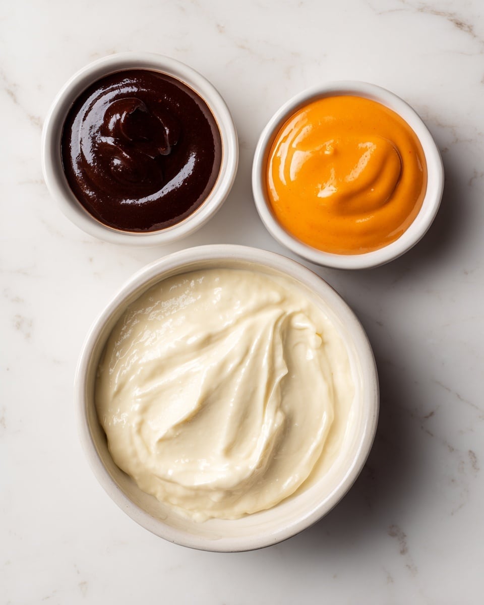 Three white small bowls are placed on a white marbled surface. In the largest bowl at the bottom, there is a thick creamy white sauce with a smooth but slightly bumpy texture. Above it, to the left, a smaller bowl holds a dark brown sauce with a rich, smooth surface. To the right, another small bowl contains a bright orange sauce that looks glossy and smooth. The bowls are arranged close to each other, showing different colors and textures of sauces. photo taken with an iphone --ar 4:5 --v 7