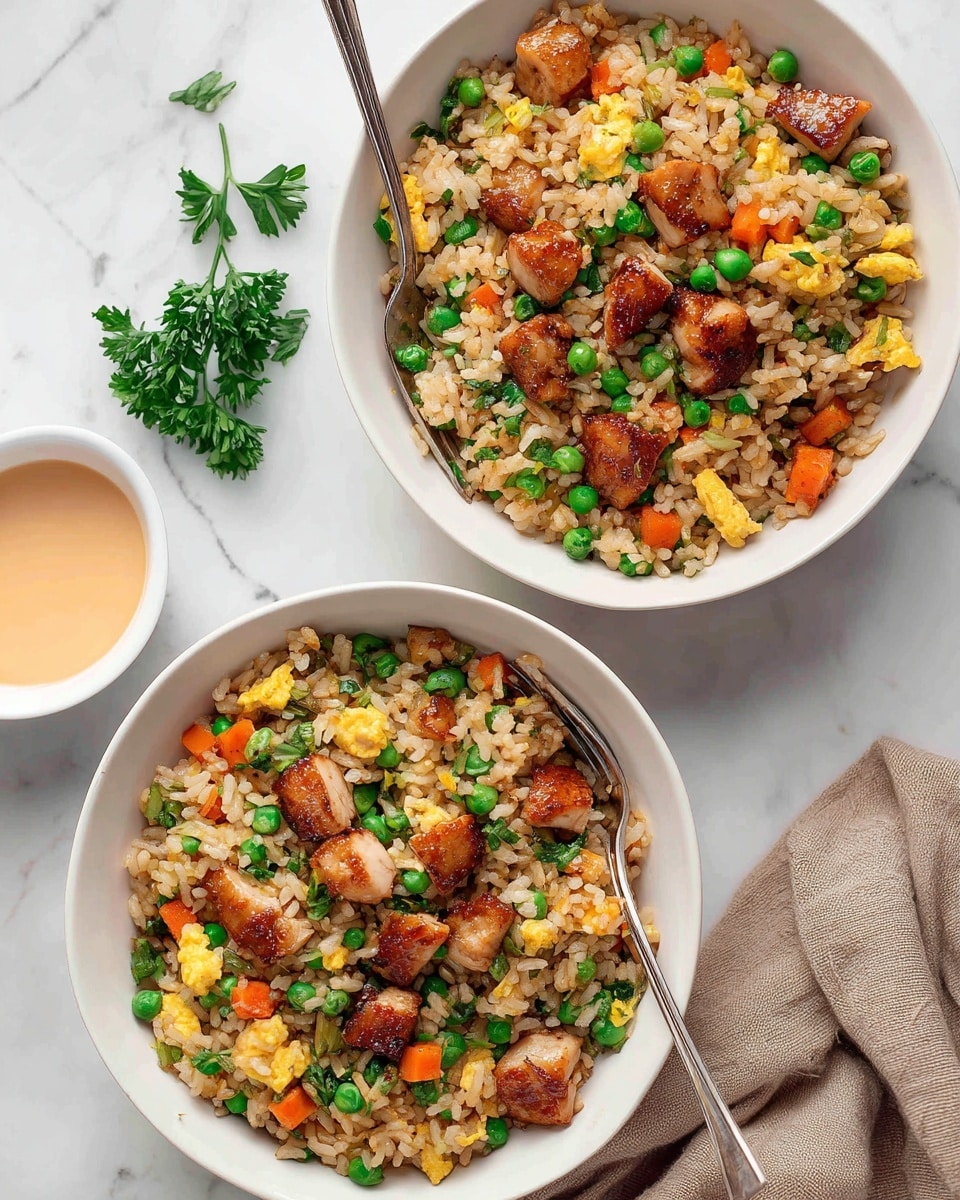 A beige bowl filled with a colorful fried rice dish, showing visible layers of golden scrambled eggs, bright orange carrot cubes, green peas, and browned chicken pieces with a slight char. A spoon is drizzling light creamy sauce with small red specks over the top center of the dish. The background features a blurred green garnish and a white marbled texture surface. The focus is sharp on the spoon and fried rice giving a fresh and appetizing look. photo taken with an iphone --ar 4:5 --v 7