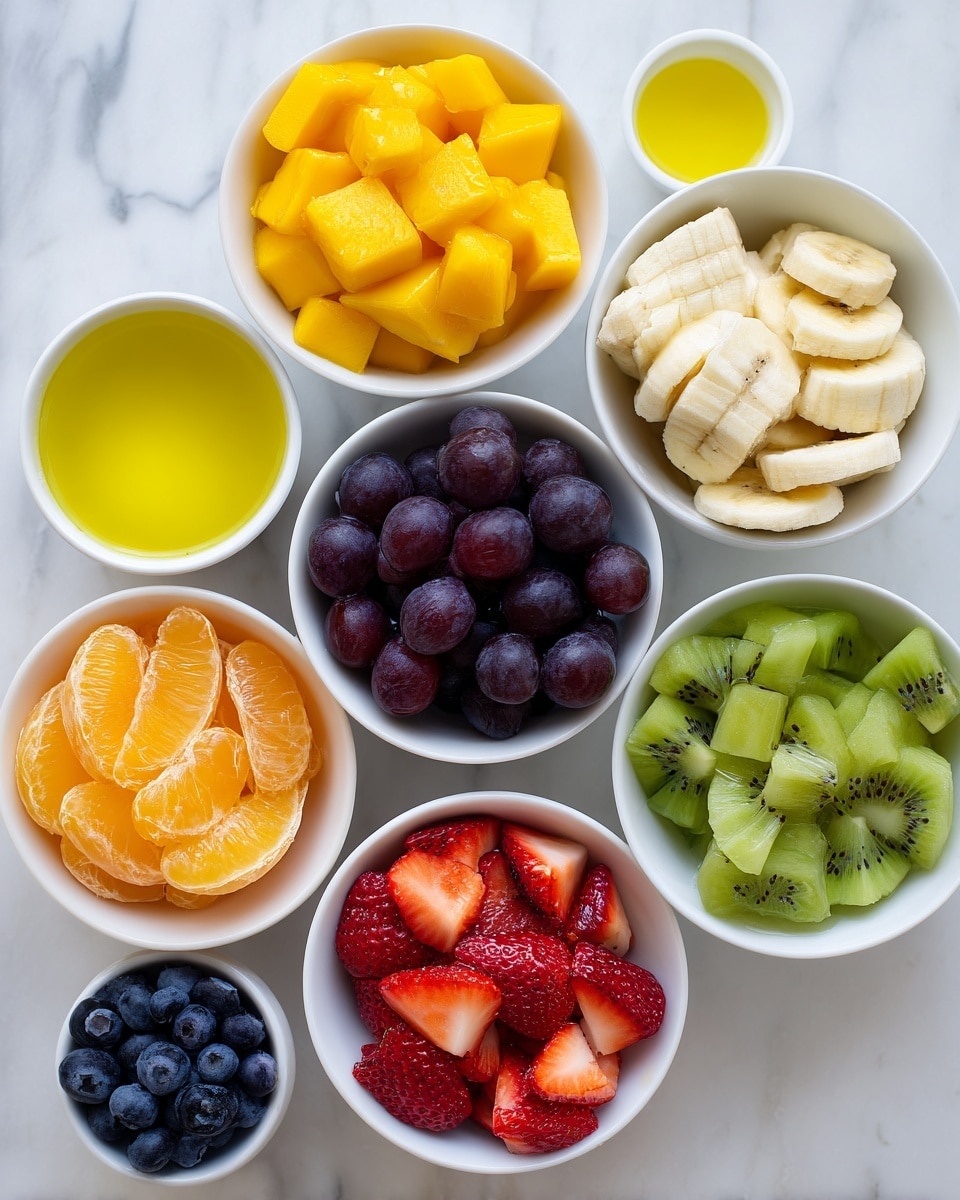 A collection of eight white bowls arranged on a white marbled surface holds vibrant, fresh fruit and juice. From top center, one bowl contains bright orange mango chunks with a juicy texture. To its left and right are small bowls filled with golden yellow juice. Below the mango, a bowl is full of dark purple grapes that are round and shiny. To the right of the grapes, a bowl of light yellow banana slices is stacked neatly. At the bottom left, a bowl is filled with orange peach slices showing soft, velvety surfaces layered in curves. Centered below the grapes and bananas, a bowl holds bright red strawberry slices with juicy, slightly translucent layers. Next to the strawberries, on the bottom right, is a bowl of green kiwi cubes that show a speckled brown seed pattern. A small bowl of deep blue blueberries rests to the left of the strawberries. The clean, colorful layout is bright and inviting, photo taken with an iphone --ar 4:5 --v 7